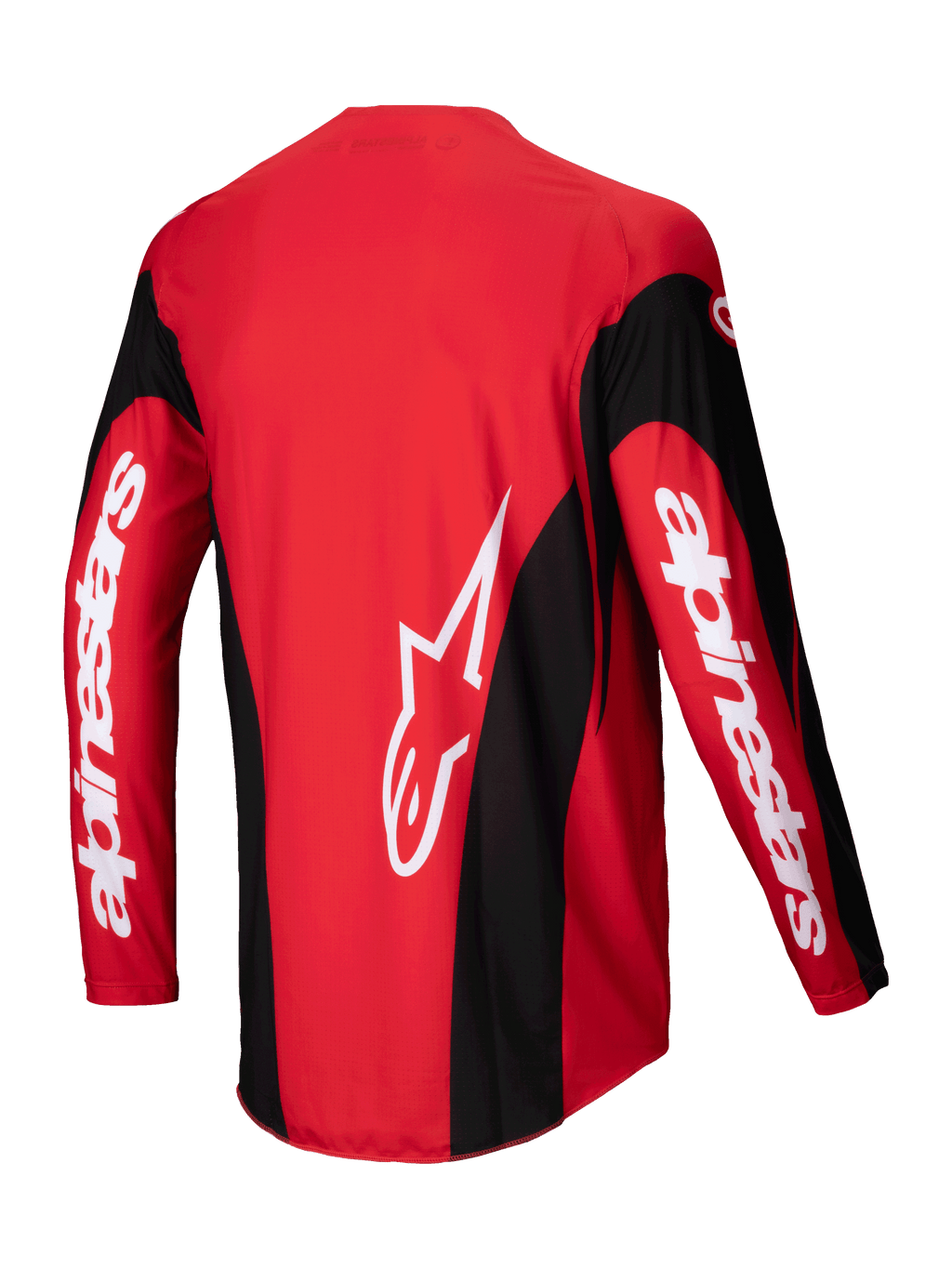 Alpinestars Jersey Techstar Dreem 2025, jersey de motocross, rojo brillante y negro, vista trasera que muestra la construcción elástica de politejido y el dobladillo trasero extendido