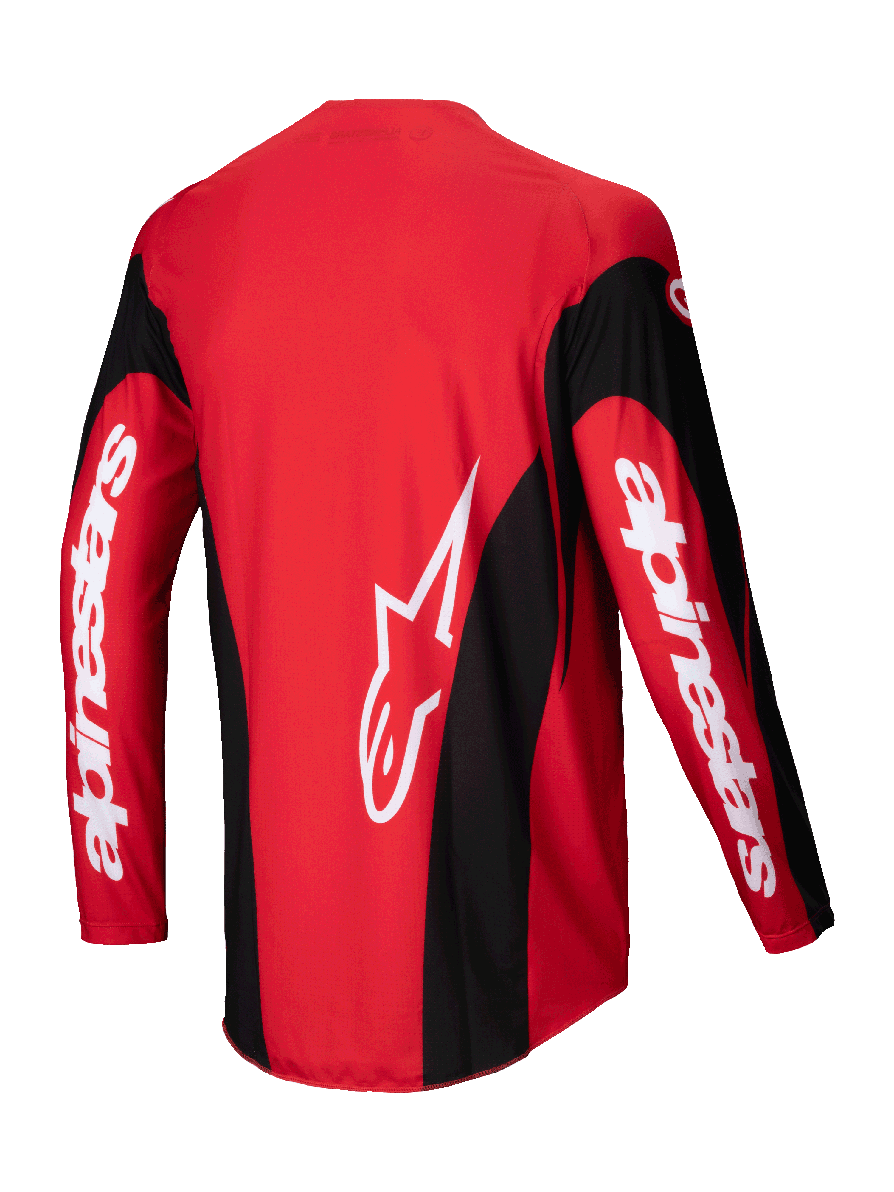 Alpinestars Jersey Techstar Dreem 2025, jersey de motocross, rojo brillante y negro, vista trasera que muestra la construcción elástica de politejido y el dobladillo trasero extendido