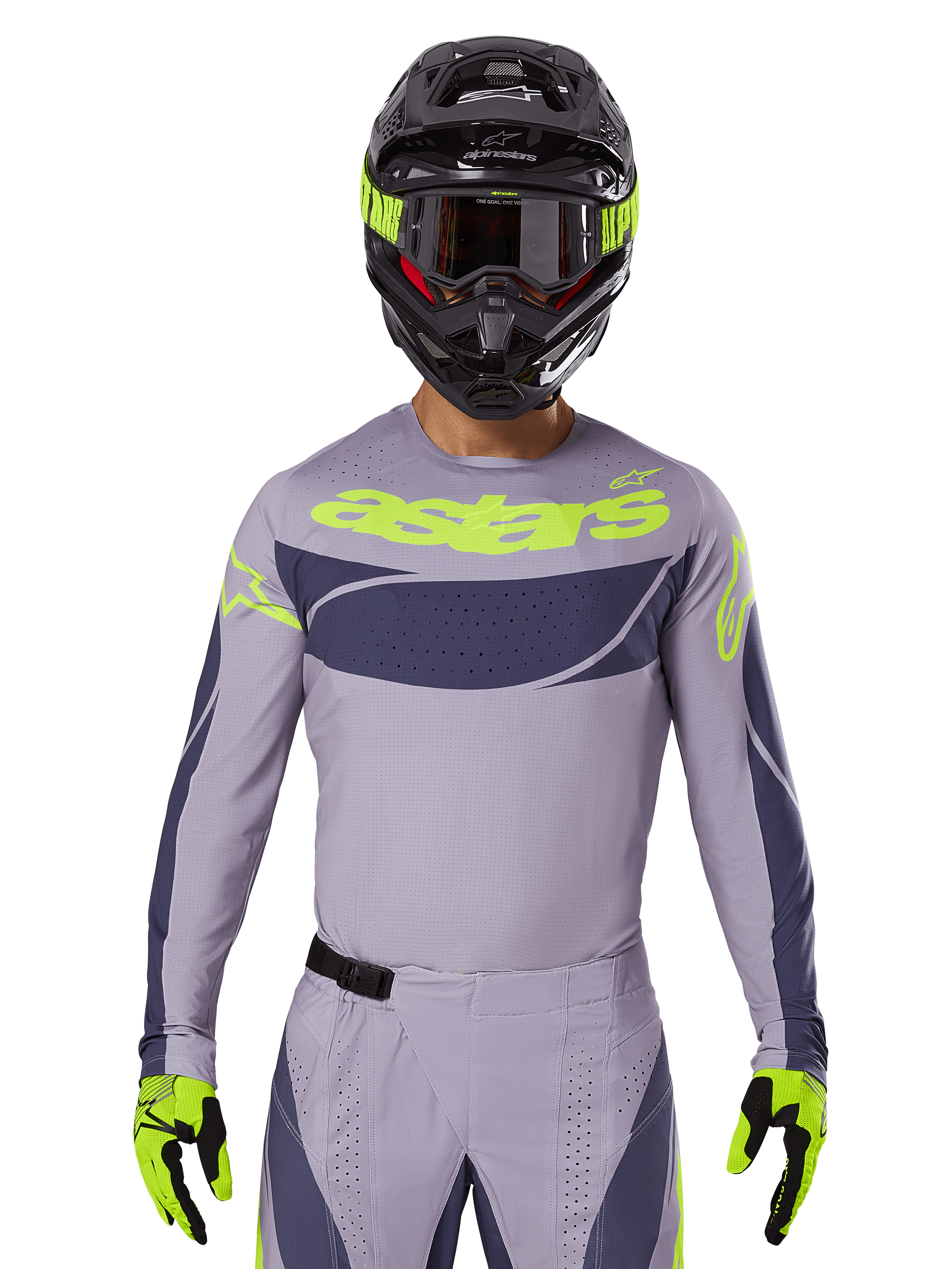 Jersey y conjunto de equipo Techstar Dreem 2025, traje de competición de motocross, gris claro y gris oscuro con detalles en amarillo neón, incluye la marca 'astars', usado con casco negro, gafas y guantes a juego, material técnico perforado para rendimiento todoterreno