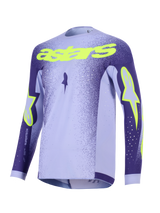 Alpinestars Supertech Scenz Jersey 2026, jersey de motocross, púrpura y amarillo flúor, con paneles lavanda y púrpura oscuro, texto 'astars' y logotipos de estrella en amarillo neón, diseño de malla ligera de alto rendimiento para carreras todoterreno