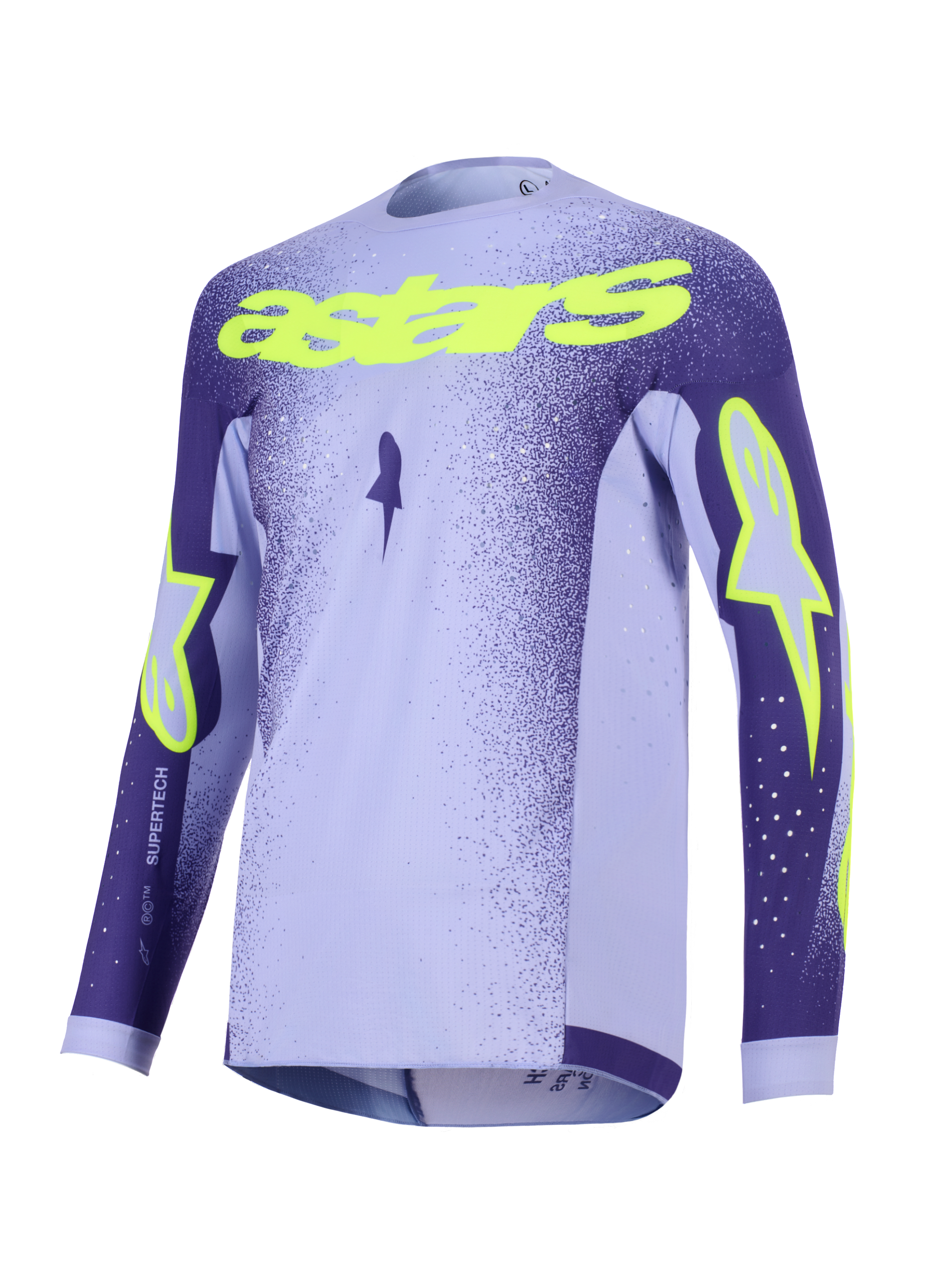 Alpinestars Supertech Scenz Jersey 2026, jersey de motocross, púrpura y amarillo flúor, con paneles lavanda y púrpura oscuro, texto 'astars' y logotipos de estrella en amarillo neón, diseño de malla ligera de alto rendimiento para carreras todoterreno