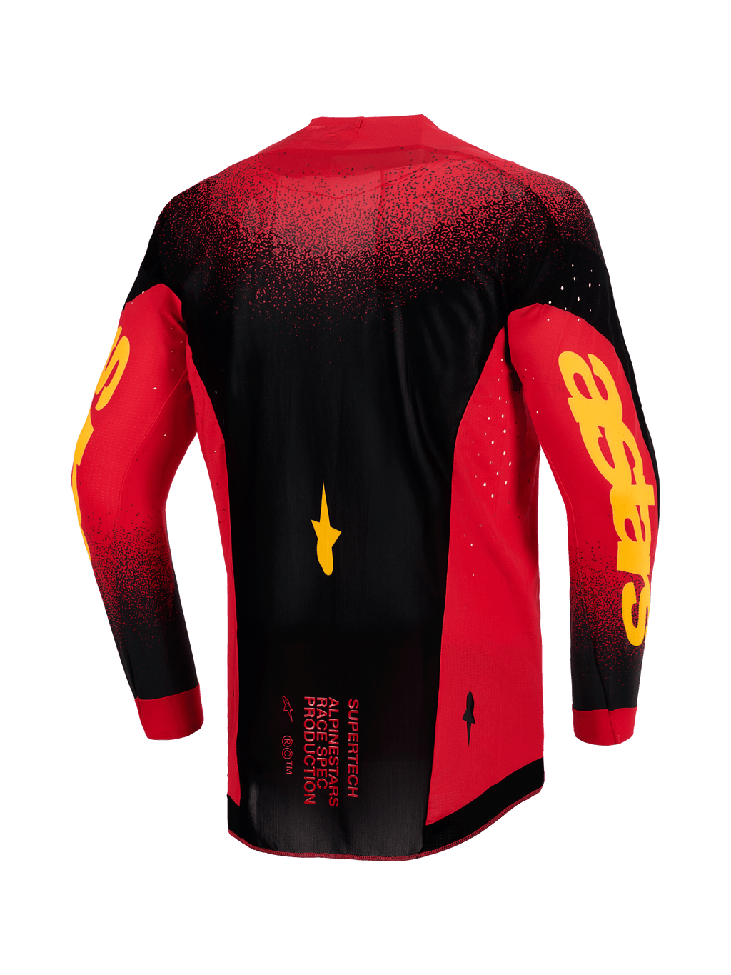 Alpinestars Supertech Scenz Jersey 2026, vista posterior, rojo, negro y amarillo, jersey de motocross profesional con malla elástica ligera, ventilación cortada con láser, llamativo logotipo Astars amarillo en las mangas y dobladillo trasero extendido para rendimiento en carrera