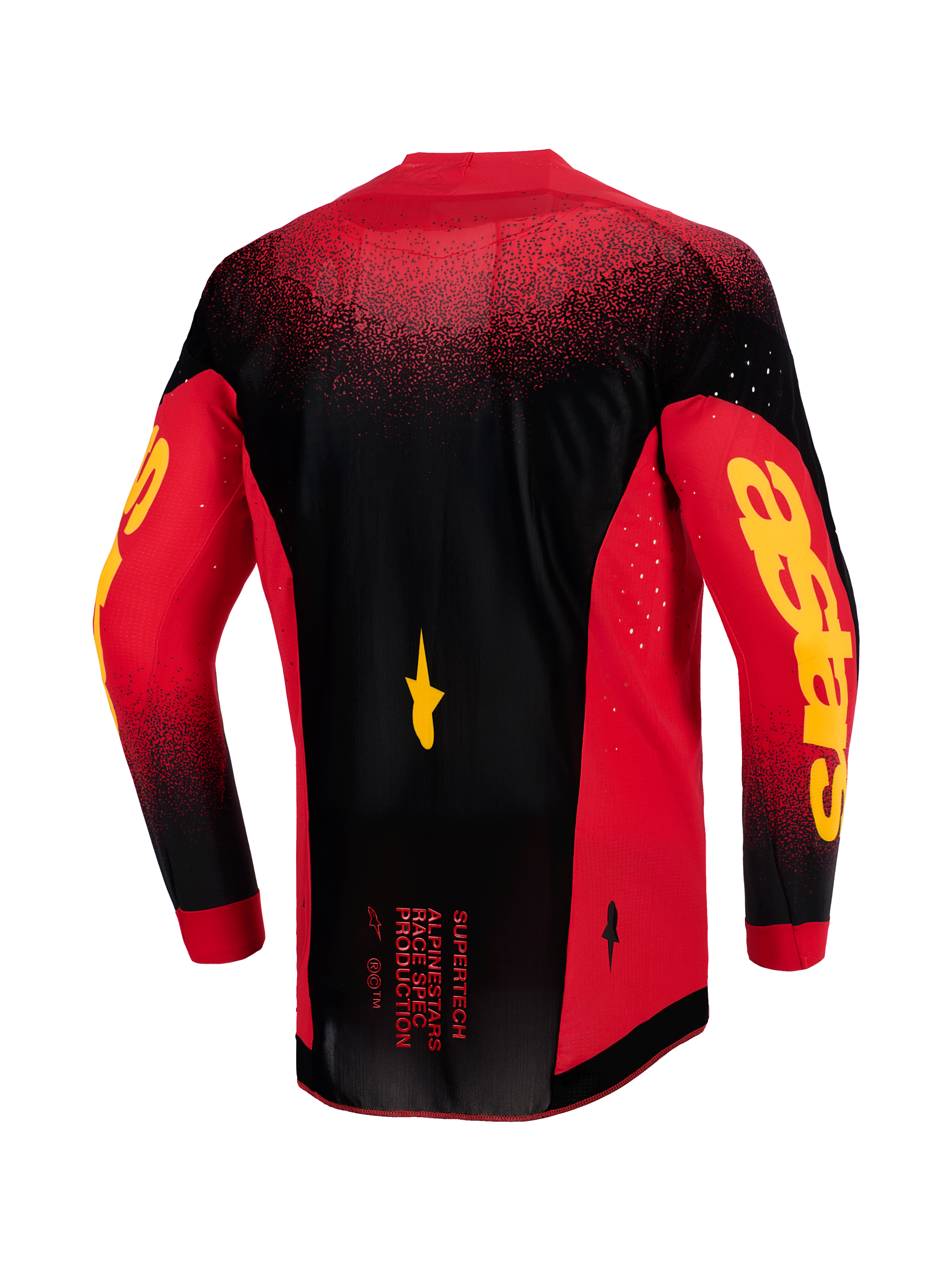 Alpinestars Supertech Scenz Jersey 2026, vista posterior, rojo, negro y amarillo, jersey de motocross profesional con malla elástica ligera, ventilación cortada con láser, llamativo logotipo Astars amarillo en las mangas y dobladillo trasero extendido para rendimiento en carrera