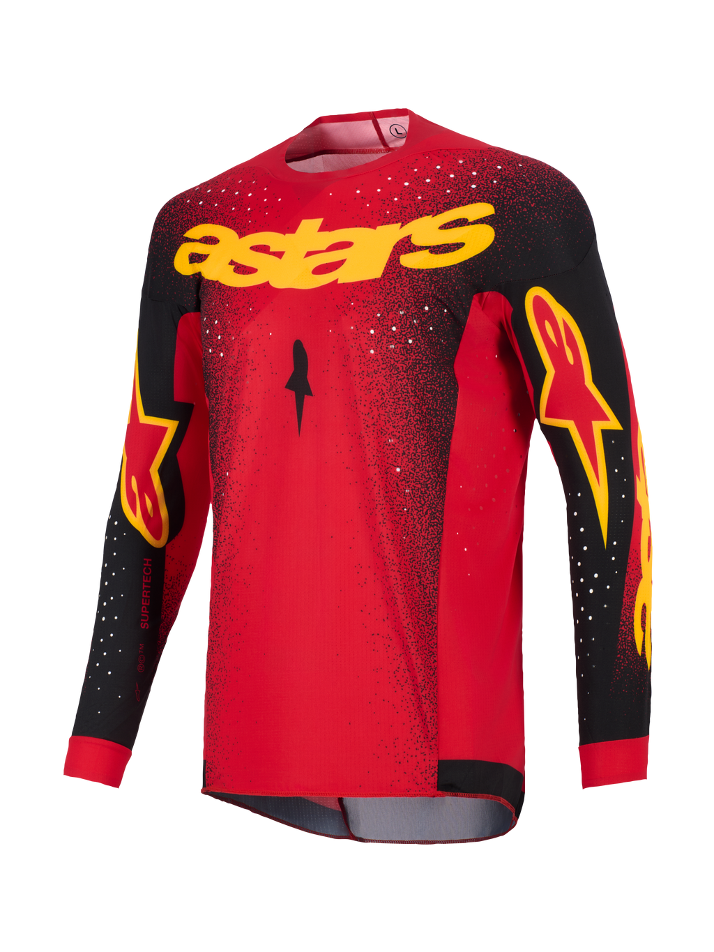Alpinestars 2026 Supertech Scenz Jersey, jersey de motocross, rojo, negro y amarillo, con el logotipo 'astars' amarillo en el pecho, mangas negras con detalles del logo y patrón de motas blancas en los hombros y la parte superior del cuerpo