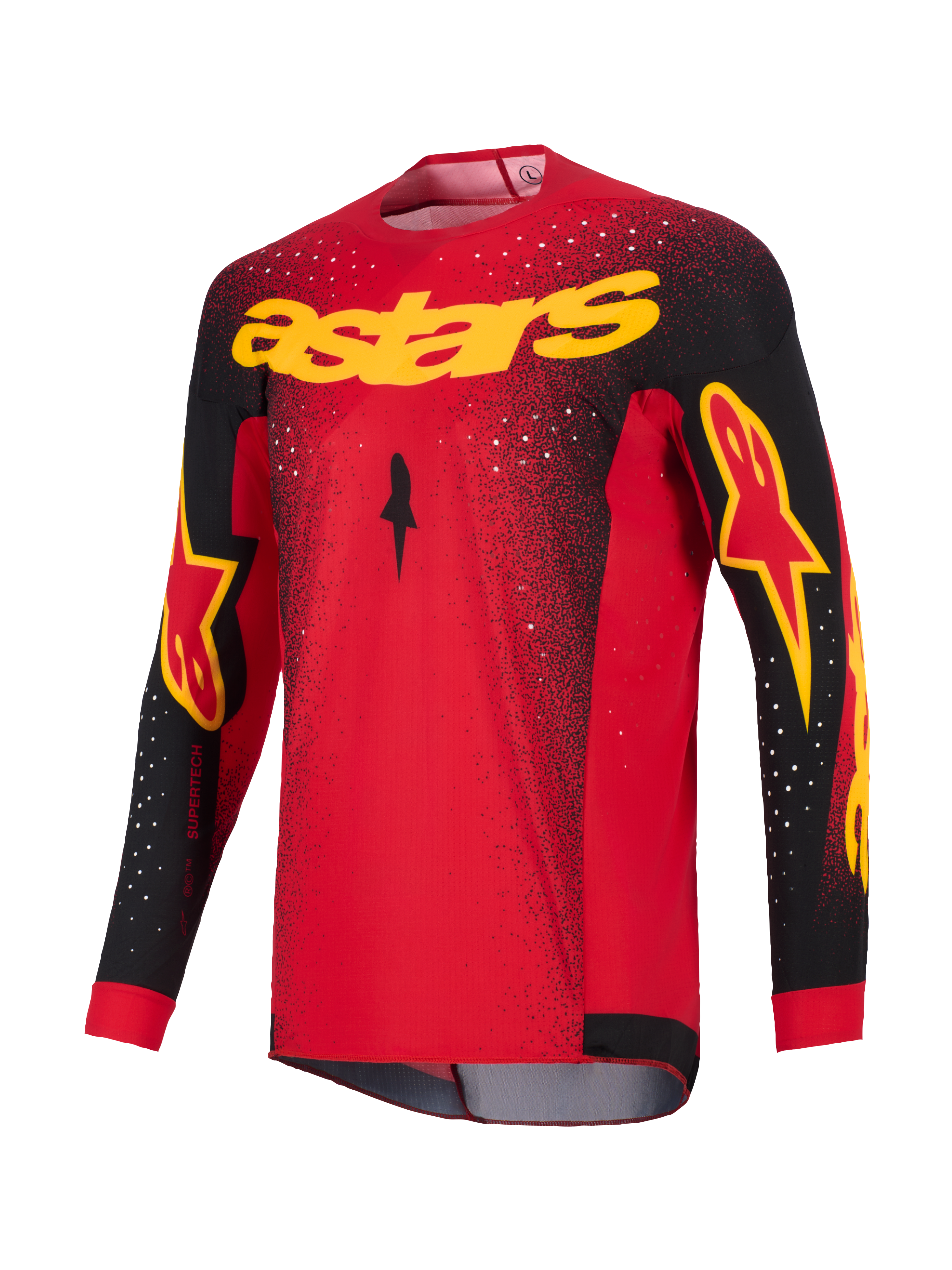 Alpinestars 2026 Supertech Scenz Jersey, jersey de motocross, rojo, negro y amarillo, con el logotipo 'astars' amarillo en el pecho, mangas negras con detalles del logo y patrón de motas blancas en los hombros y la parte superior del cuerpo