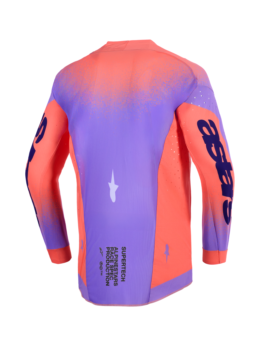 Jersey Alpinestars 2026 Supertech Scenz, camiseta de motocross, color coral intenso y púrpura, vista trasera que muestra el chasis de malla elástica ligera, perforaciones cortadas con láser para ventilación y logotipos llamativos en las mangas y la parte inferior de la espalda.