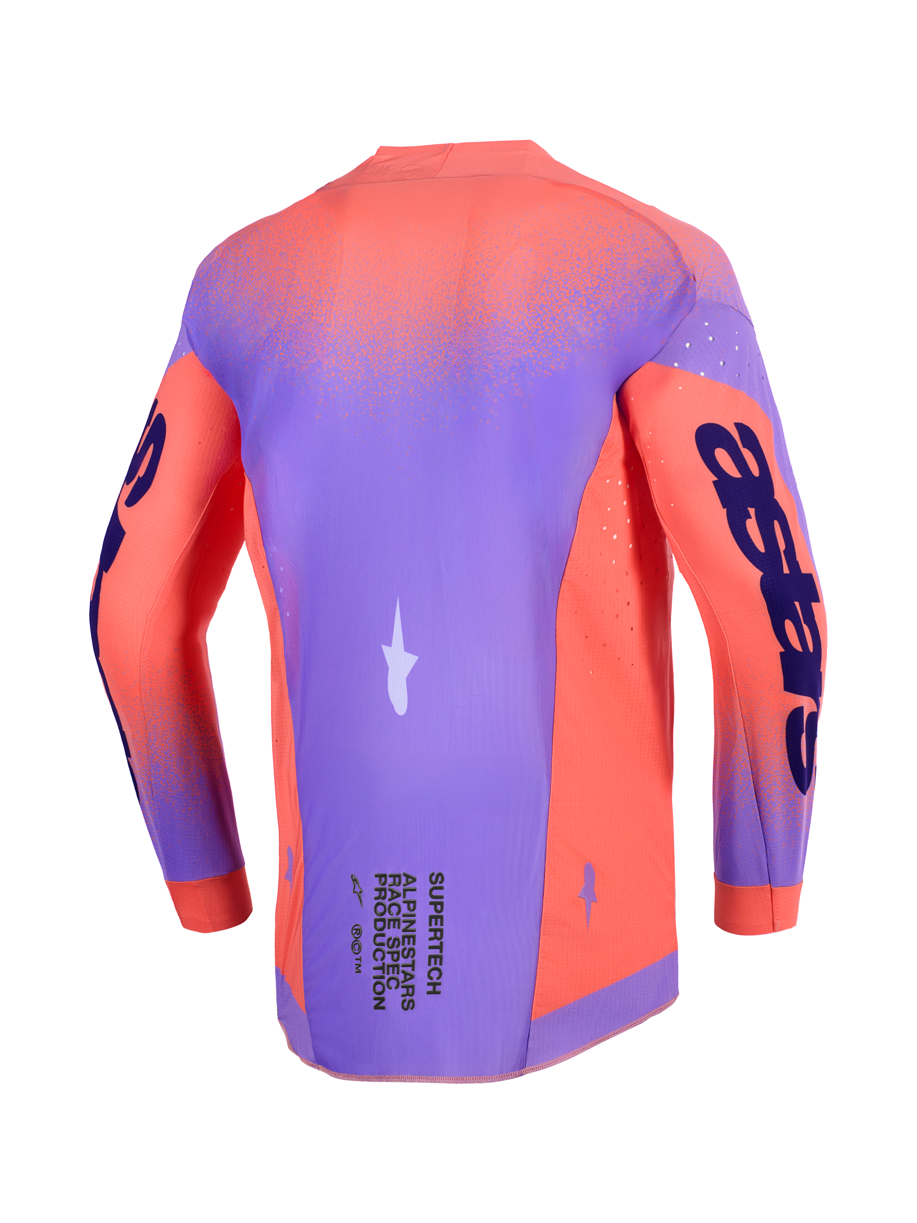 Jersey Alpinestars 2026 Supertech Scenz, camiseta de motocross, color coral intenso y púrpura, vista trasera que muestra el chasis de malla elástica ligera, perforaciones cortadas con láser para ventilación y logotipos llamativos en las mangas y la parte inferior de la espalda.