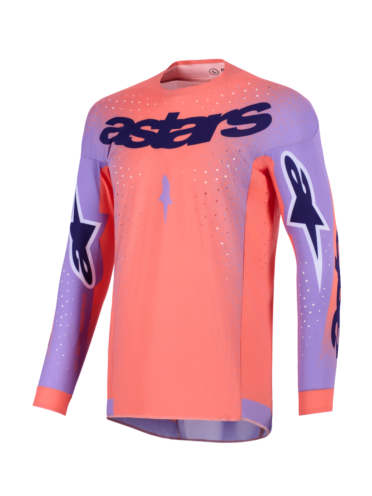 Alpinestars 2026 Supertech Scenz Jersey, Motocross Jersey, Hot Coral and Purple, featuring large purple 'astars' branding on the chest, star logos on the sleeves, and perforated mesh panels for high-performance off-road racing.