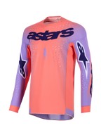 Alpinestars 2026 Supertech Scenz Jersey, jersey de motocross, coral intenso y morado, con gran marca 'astars' morada en el pecho, logotipos de estrella en las mangas y paneles de malla perforada para carreras todoterreno de alto rendimiento.