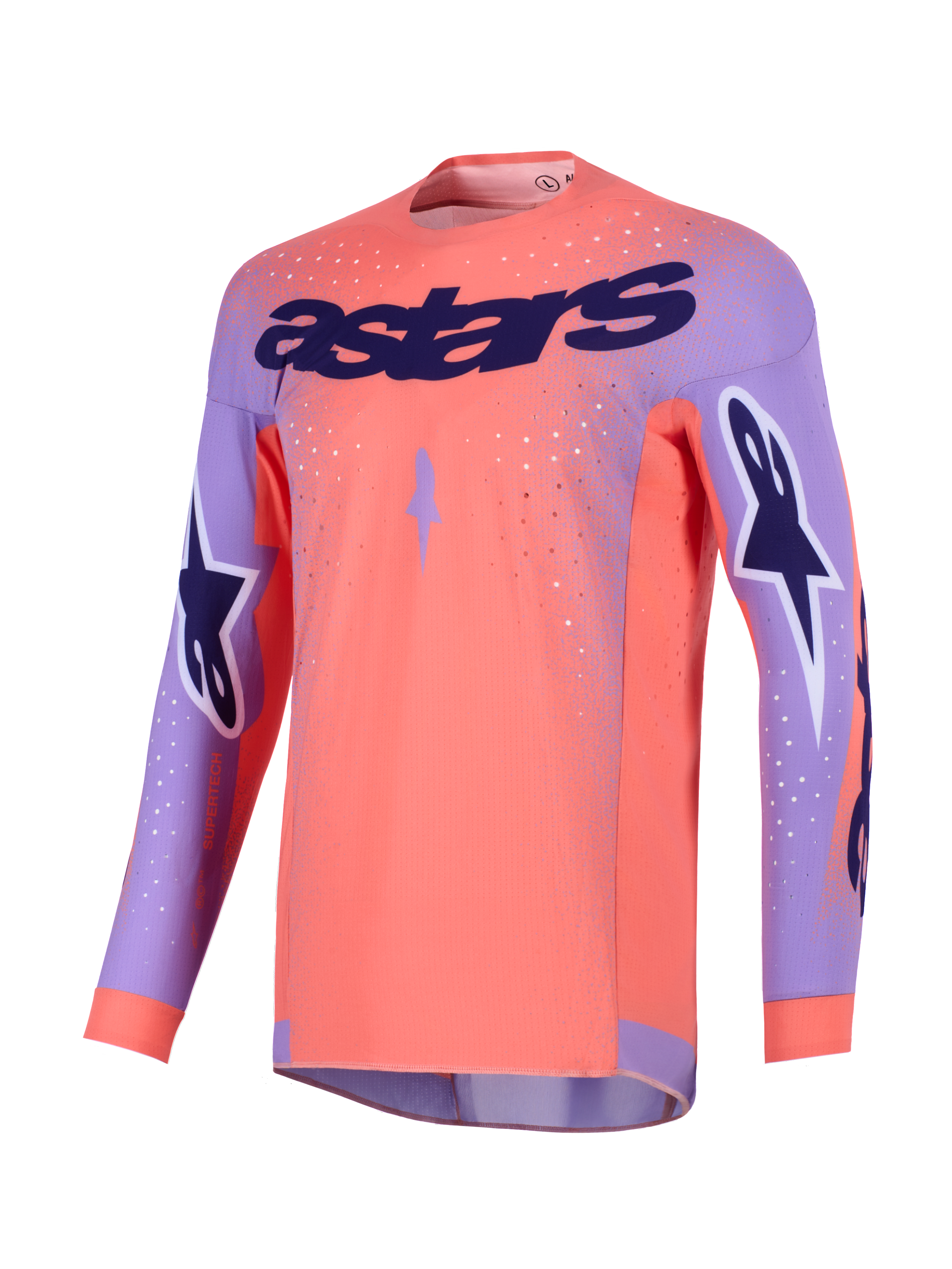 Alpinestars 2026 Supertech Scenz Jersey, jersey de motocross, coral intenso y morado, con gran marca 'astars' morada en el pecho, logotipos de estrella en las mangas y paneles de malla perforada para carreras todoterreno de alto rendimiento.