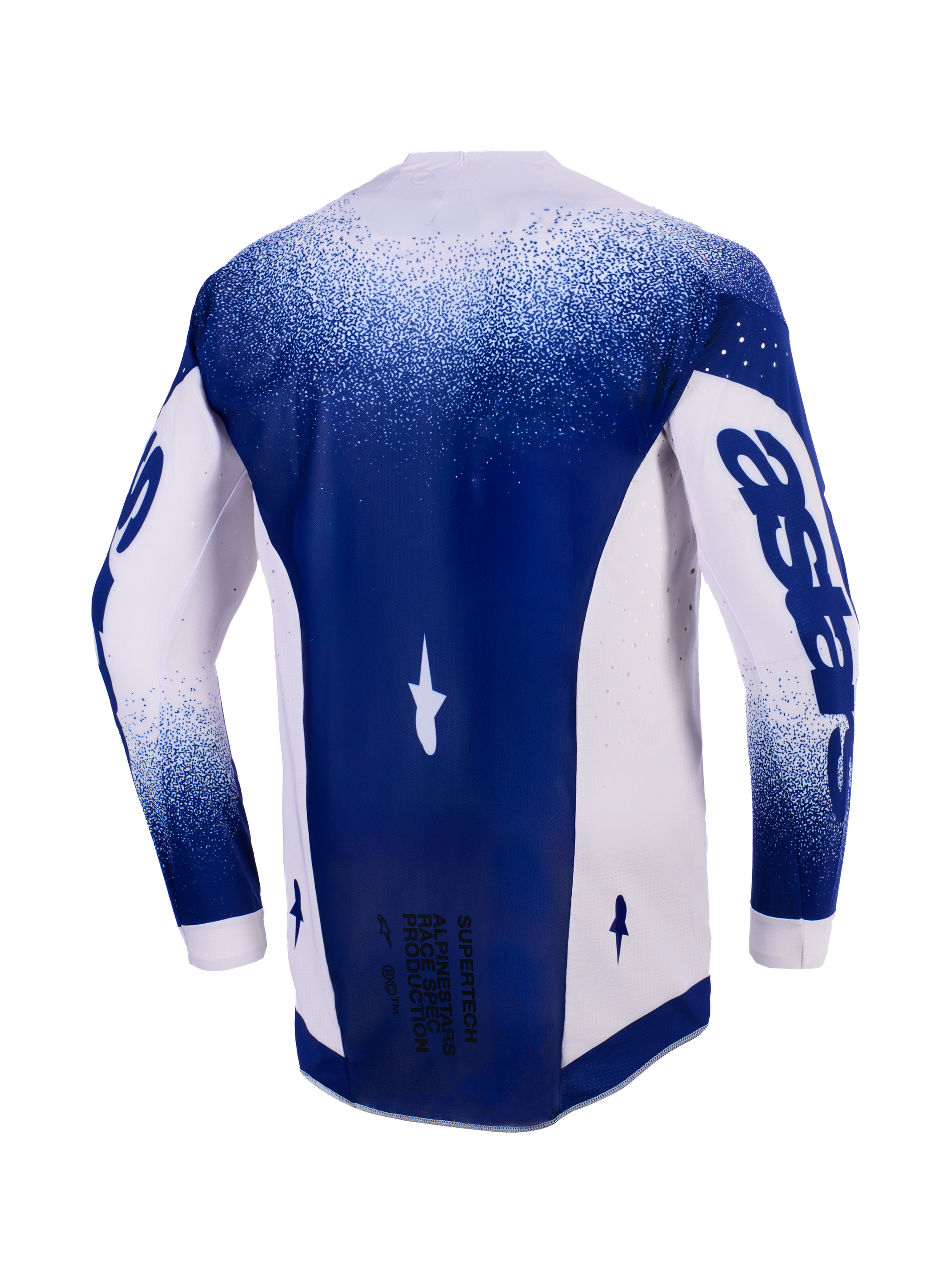 Jersey Alpinestars Supertech Scenz 2026, vista trasera, gris claro y azul oscuro, jersey de motocross profesional con perforaciones cortadas con láser en los paneles laterales, panel central azul oscuro con texto 'Race Spec' en la parte inferior, ajuste atlético de competición