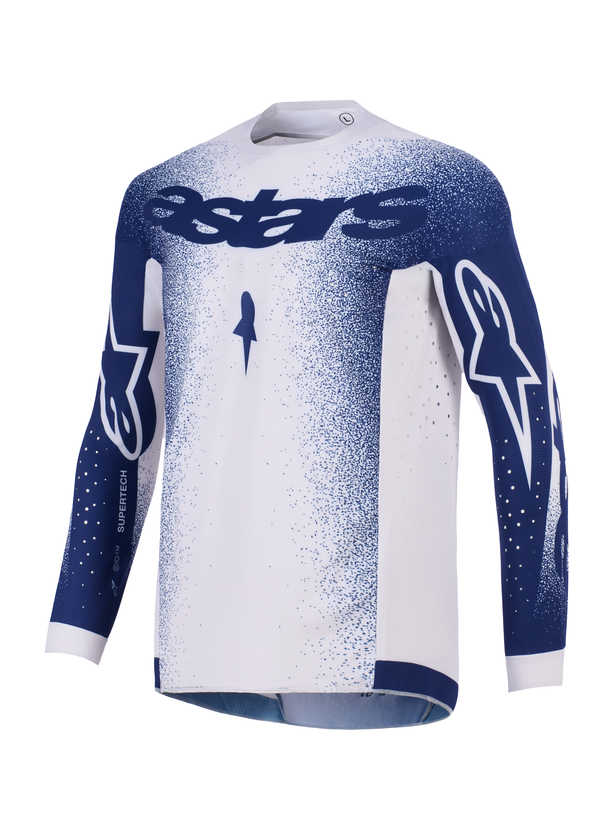 Jersey Alpinestars Supertech Scenz 2026, jersey de motocross, gris claro y azul oscuro, con marca Astars en azul oscuro en el pecho y las mangas, patrón de motas en degradado, perforaciones cortadas con láser para ventilación, equipamiento de competición off-road de nivel profesional