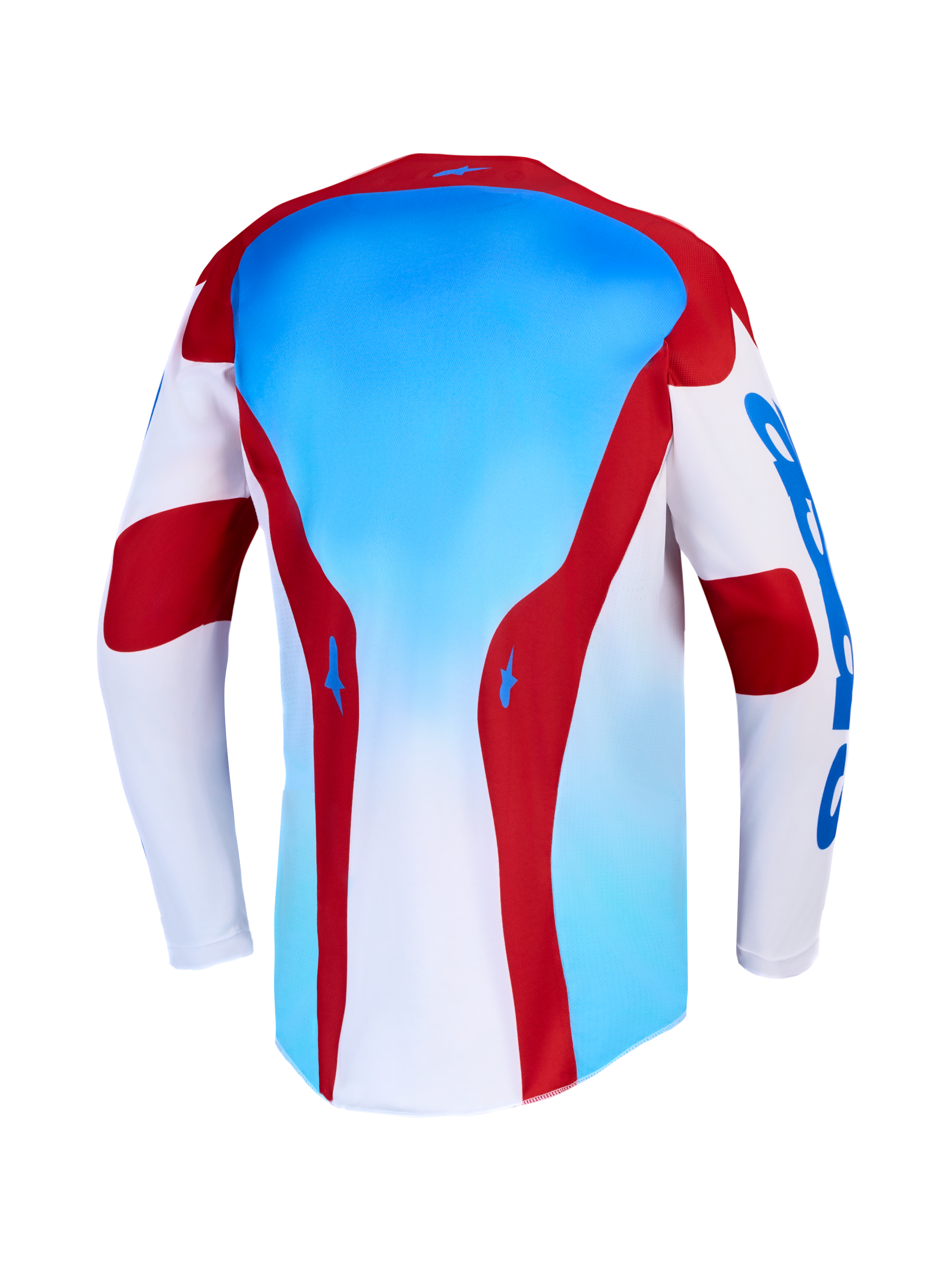 Alpinestars Racer Hunt Jersey y Racer Hunt Gear Set, jersey de motocross, azul, rojo y blanco, vista trasera.