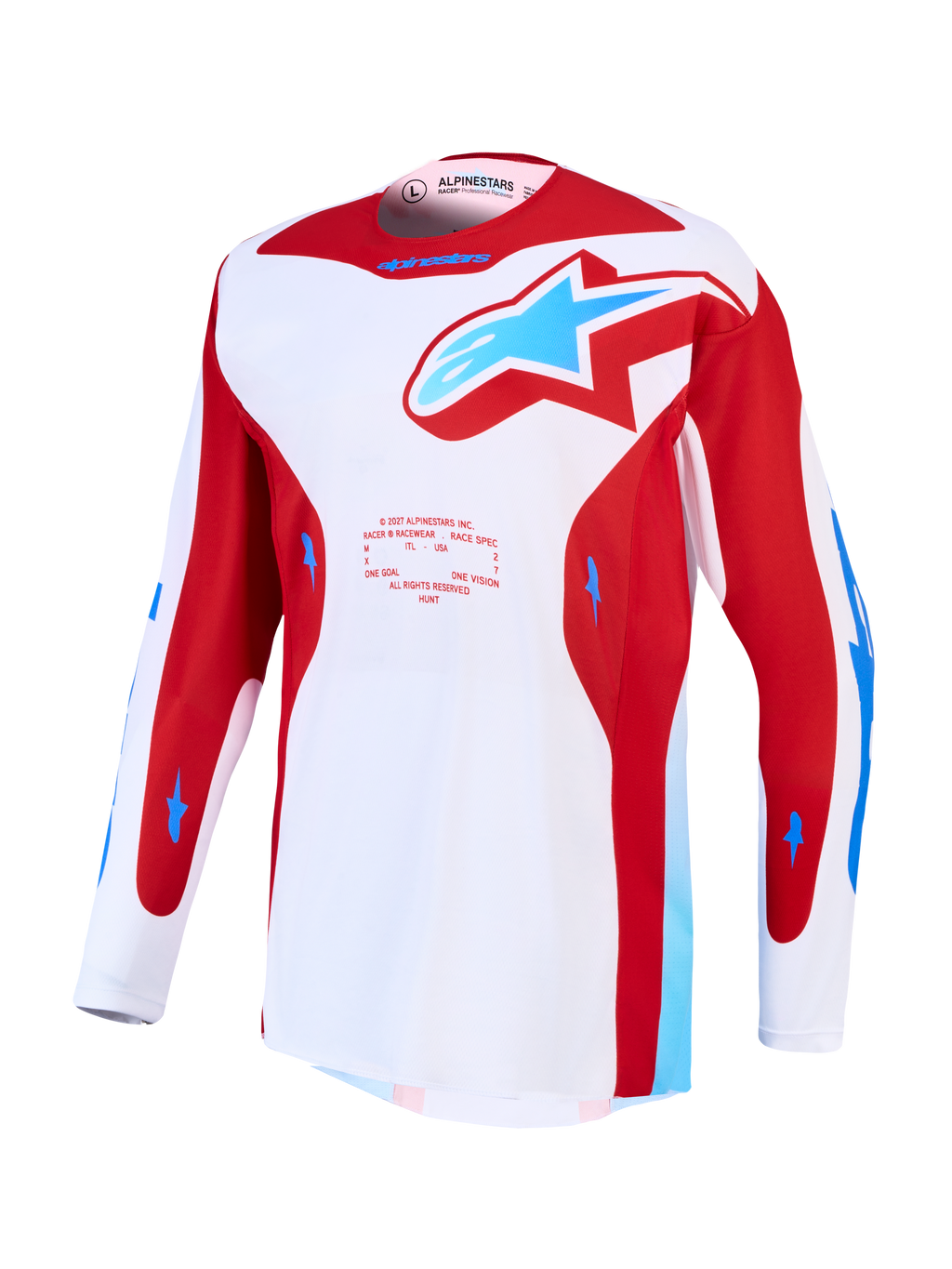Alpinestars Racer Hunt Jersey, jersey de motocross blanco y rojo con detalles azules, tejido técnico transpirable.