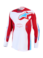 Alpinestars Racer Hunt Jersey, jersey de motocross blanco y rojo con detalles azules, tejido técnico transpirable.