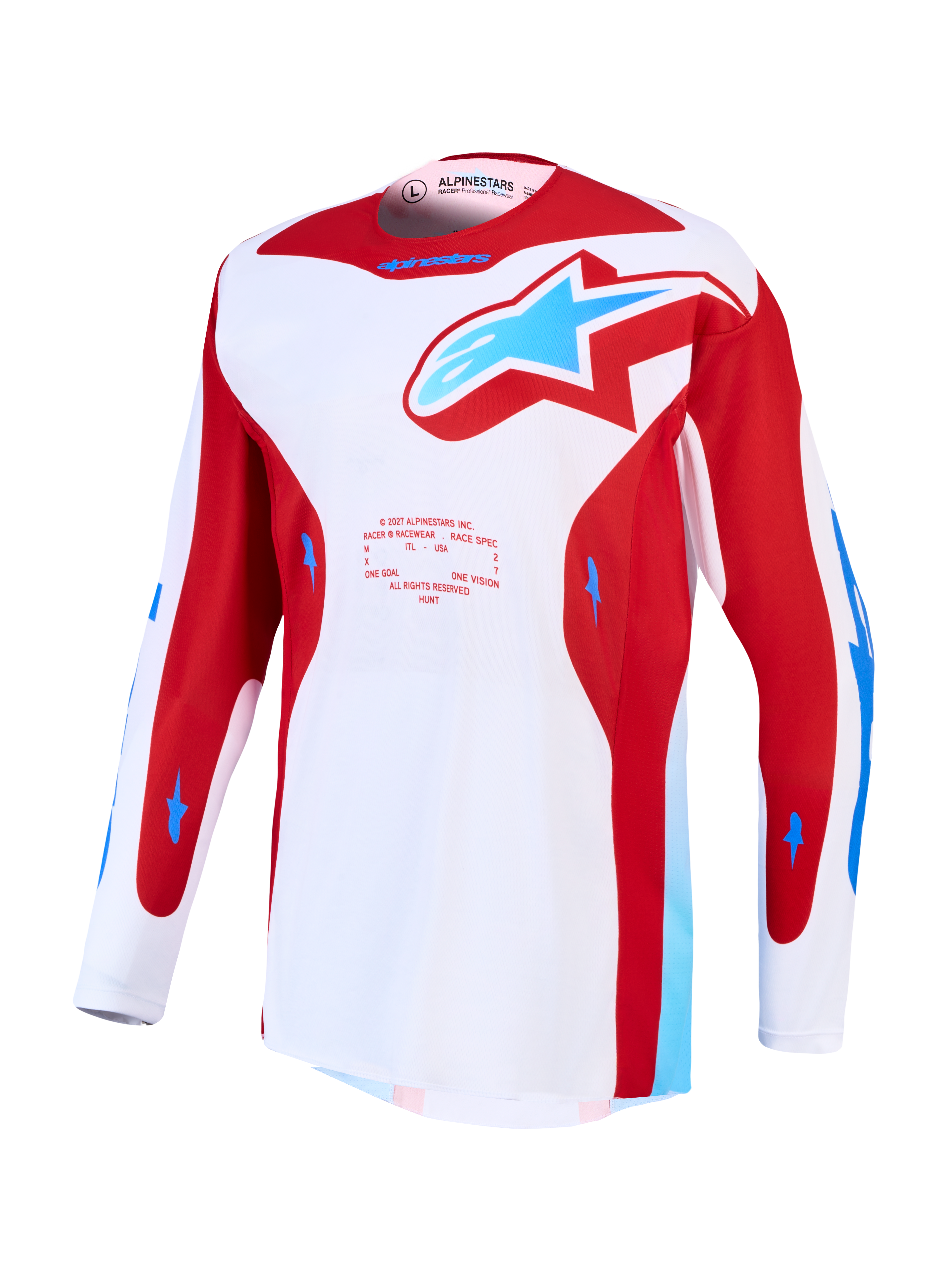 Alpinestars Racer Hunt Jersey, jersey de motocross blanco y rojo con detalles azules, tejido técnico transpirable.
