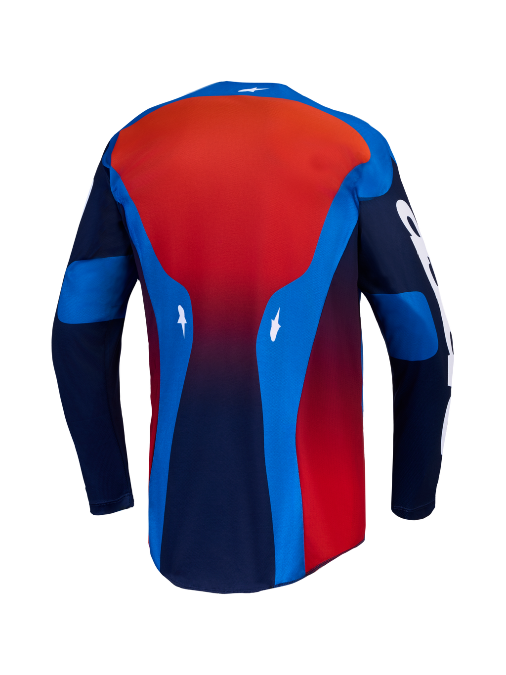 Alpinestars Racer Hunt Jersey, jersey de motocross azul y rojo para hombre, vista trasera con dobladillo extendido.