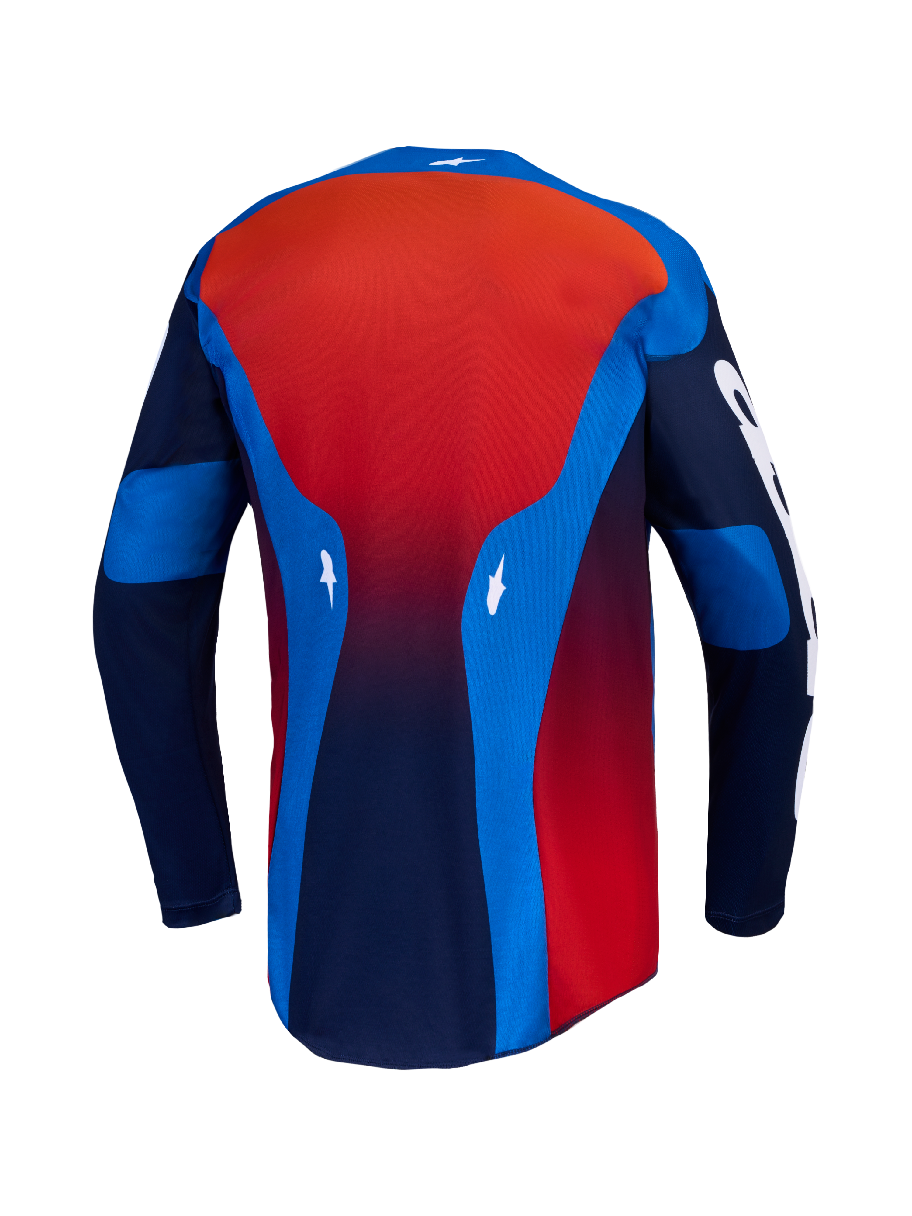 Alpinestars Racer Hunt Jersey, jersey de motocross azul y rojo para hombre, vista trasera con dobladillo extendido.