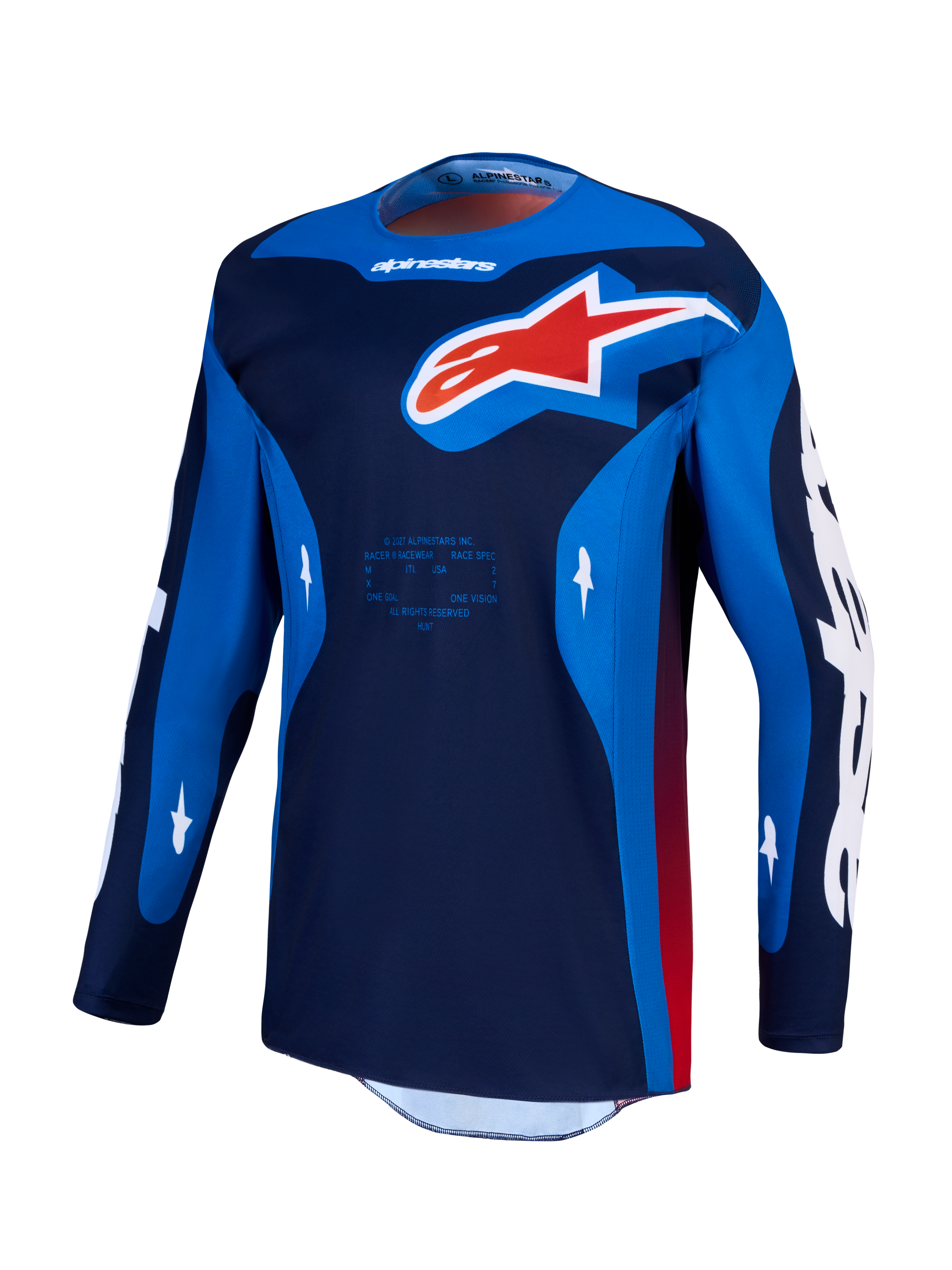 Alpinestars Racer Hunt Jersey, jersey de motocross para hombre, azul marino y azul real con logo rojo, equipo para off-road