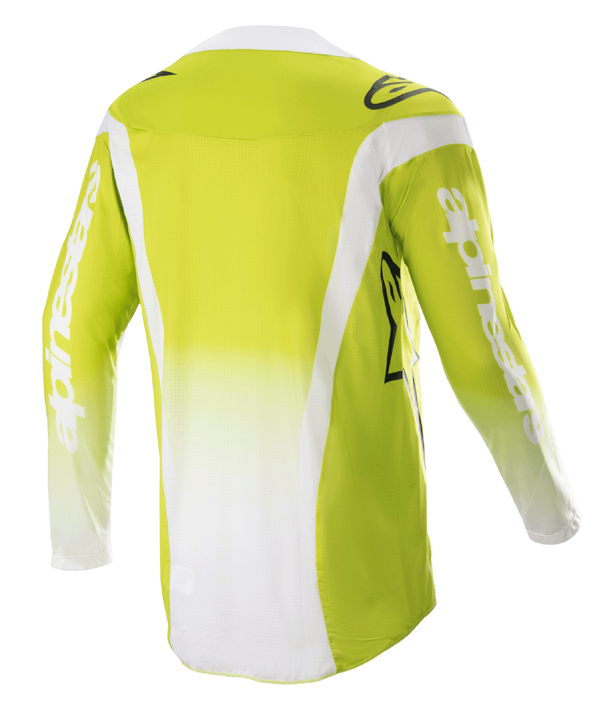 Alpinestars Techstar Push Jersey 2023, vista trasera, amarillo flúor y blanco, jersey de motocross de manga larga con paneles laterales blancos y logotipos en las mangas, equipamiento técnico para off-road