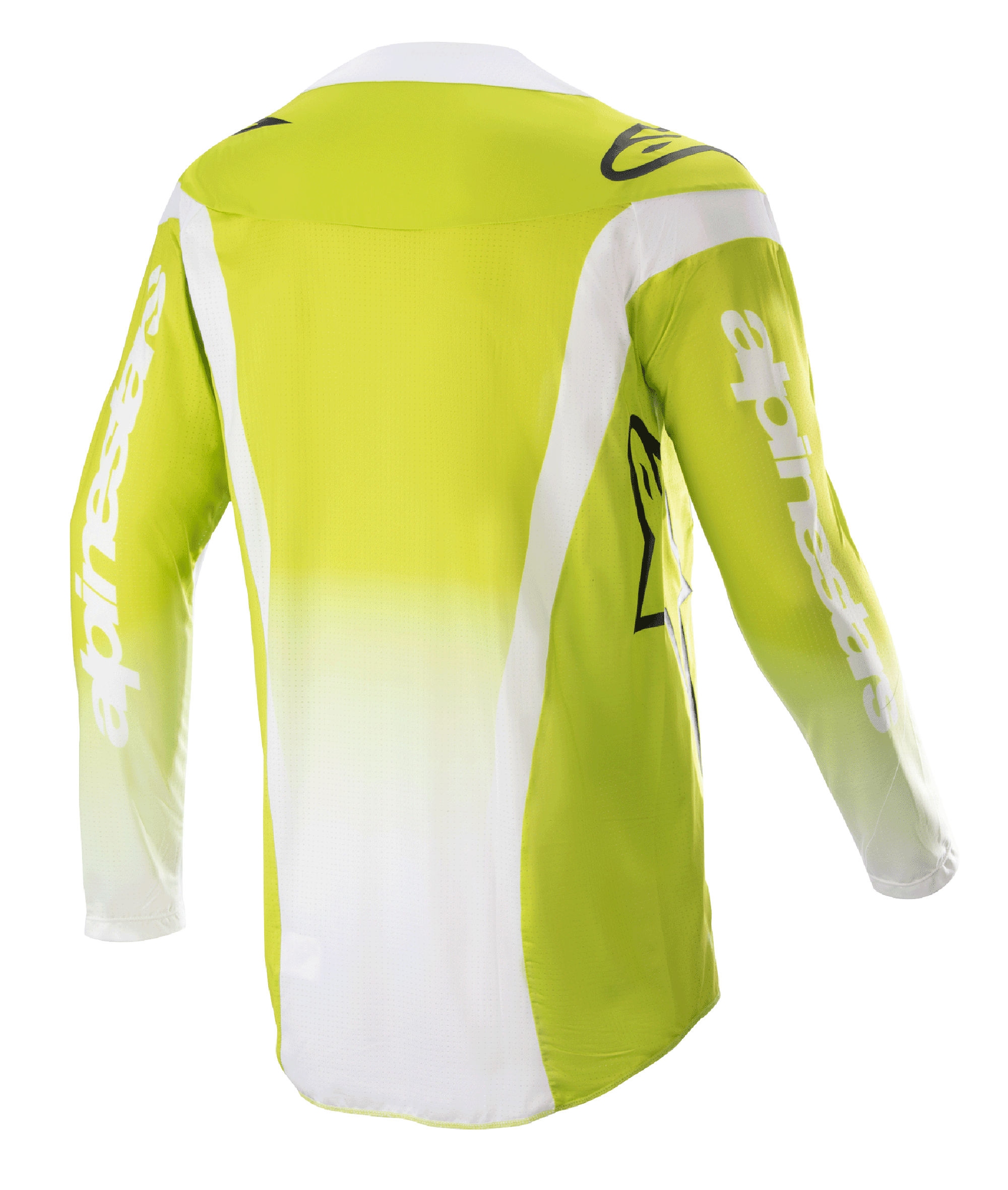 Alpinestars Techstar Push Jersey 2023, vista trasera, amarillo flúor y blanco, jersey de motocross de manga larga con paneles laterales blancos y logotipos en las mangas, equipamiento técnico para off-road