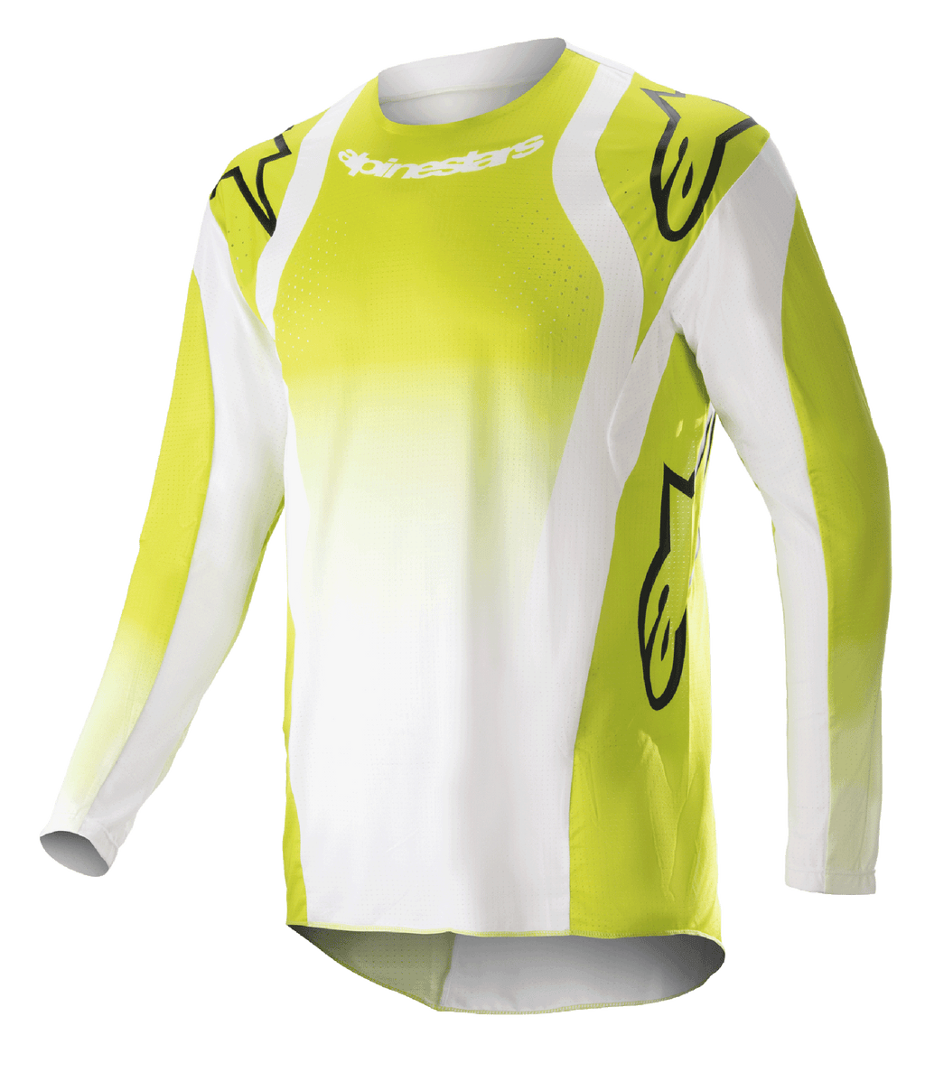 Alpinestars Techstar Push Jersey 2023, jersey de manga larga para motocross, amarillo flúor y blanco, con grandes logotipos Astars negros en hombros y mangas, tejido técnico perforado, cuello redondo y dobladillo trasero extendido para competición off-road