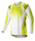 Alpinestars Techstar Push Jersey 2023, jersey de manga larga para motocross, amarillo flúor y blanco, con grandes logotipos Astars negros en hombros y mangas, tejido técnico perforado, cuello redondo y dobladillo trasero extendido para competición off-road