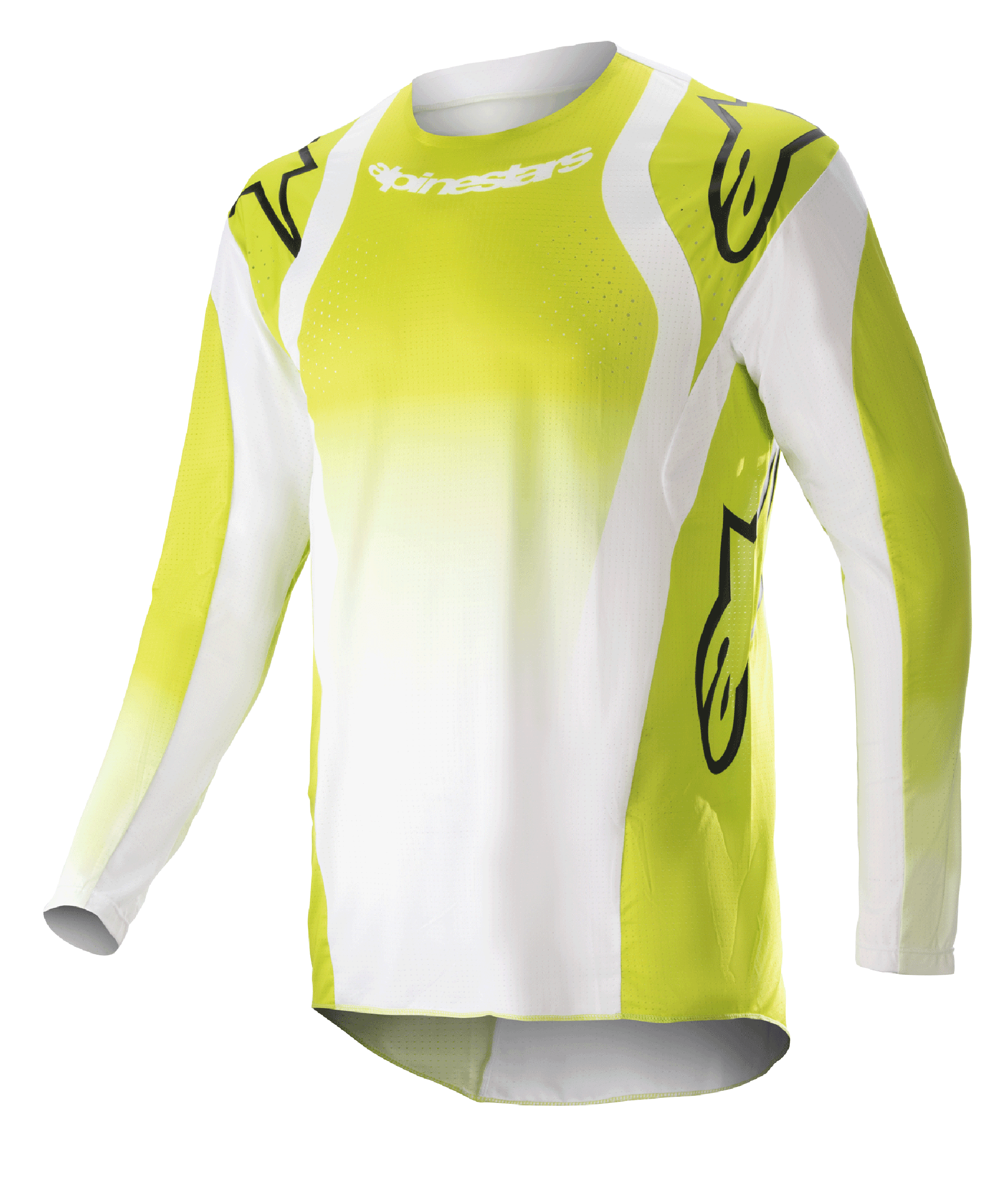 Alpinestars Techstar Push Jersey 2023, jersey de manga larga para motocross, amarillo flúor y blanco, con grandes logotipos Astars negros en hombros y mangas, tejido técnico perforado, cuello redondo y dobladillo trasero extendido para competición off-road