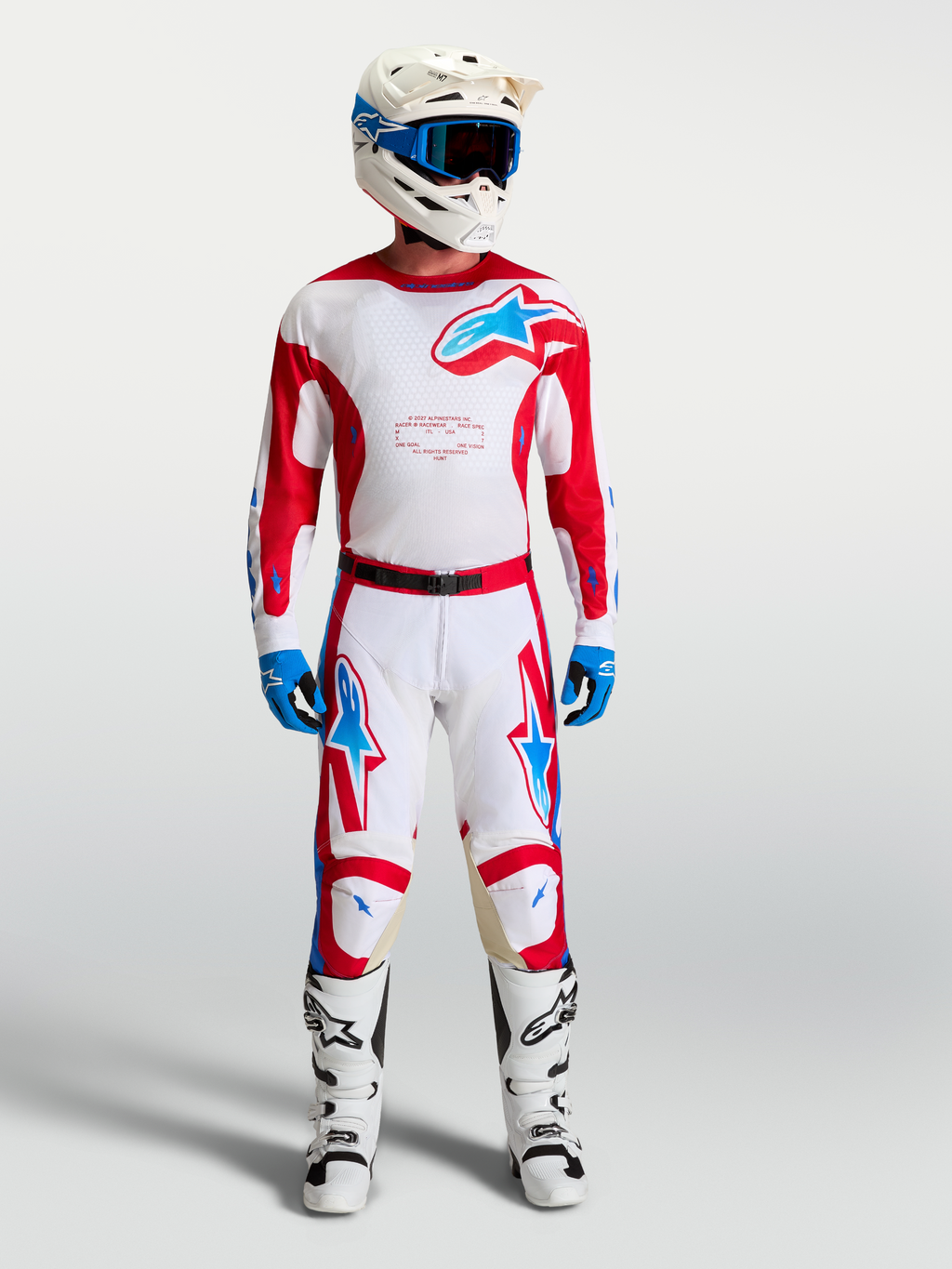 Alpinestars Pantalones Racer Hunt, pantalones de motocross para hombre, blancos y rojos con detalles azules, ajuste precurvado