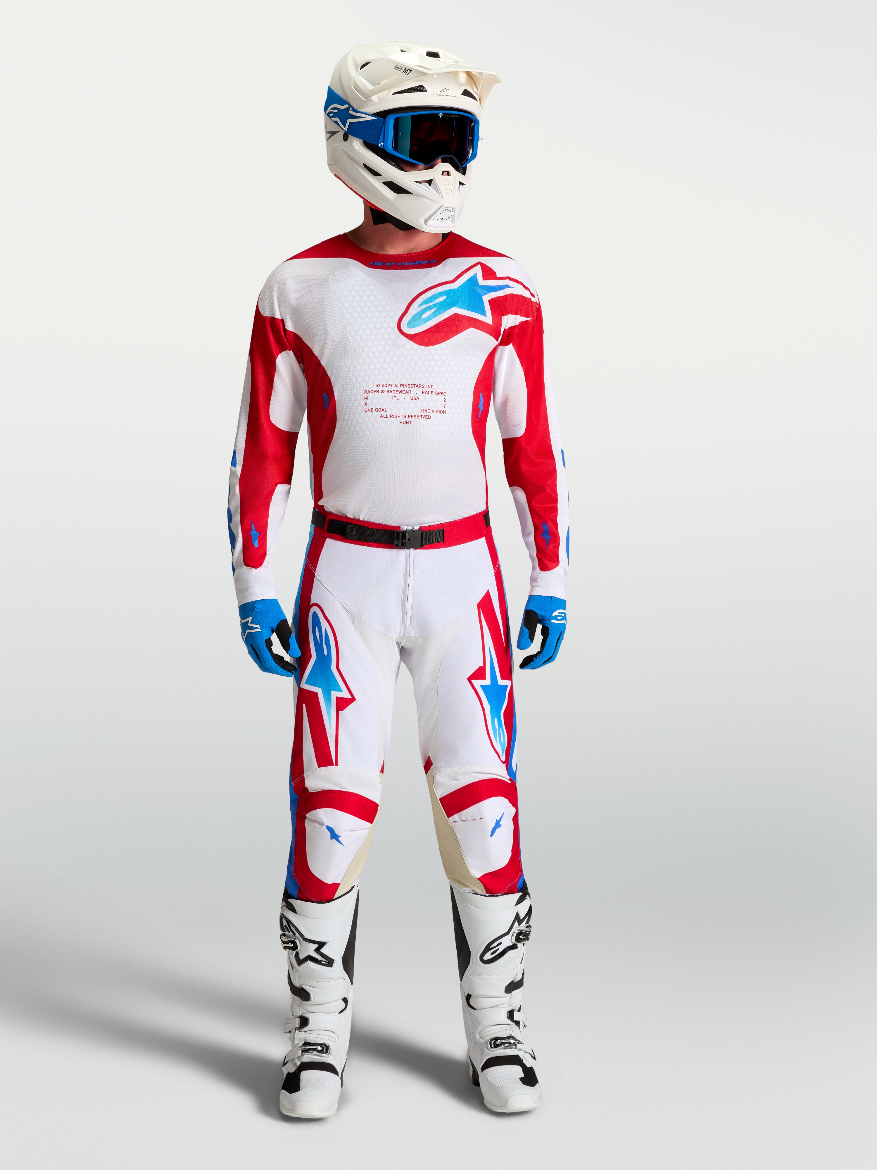 Alpinestars Pantalones Racer Hunt, pantalones de motocross para hombre, blancos y rojos con detalles azules, ajuste precurvado