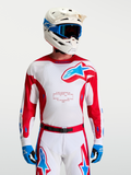 Jersey Alpinestars Racer Hunt, jersey de motocross para hombre, rojo y blanco con detalles azules, malla ventilada y transpirable