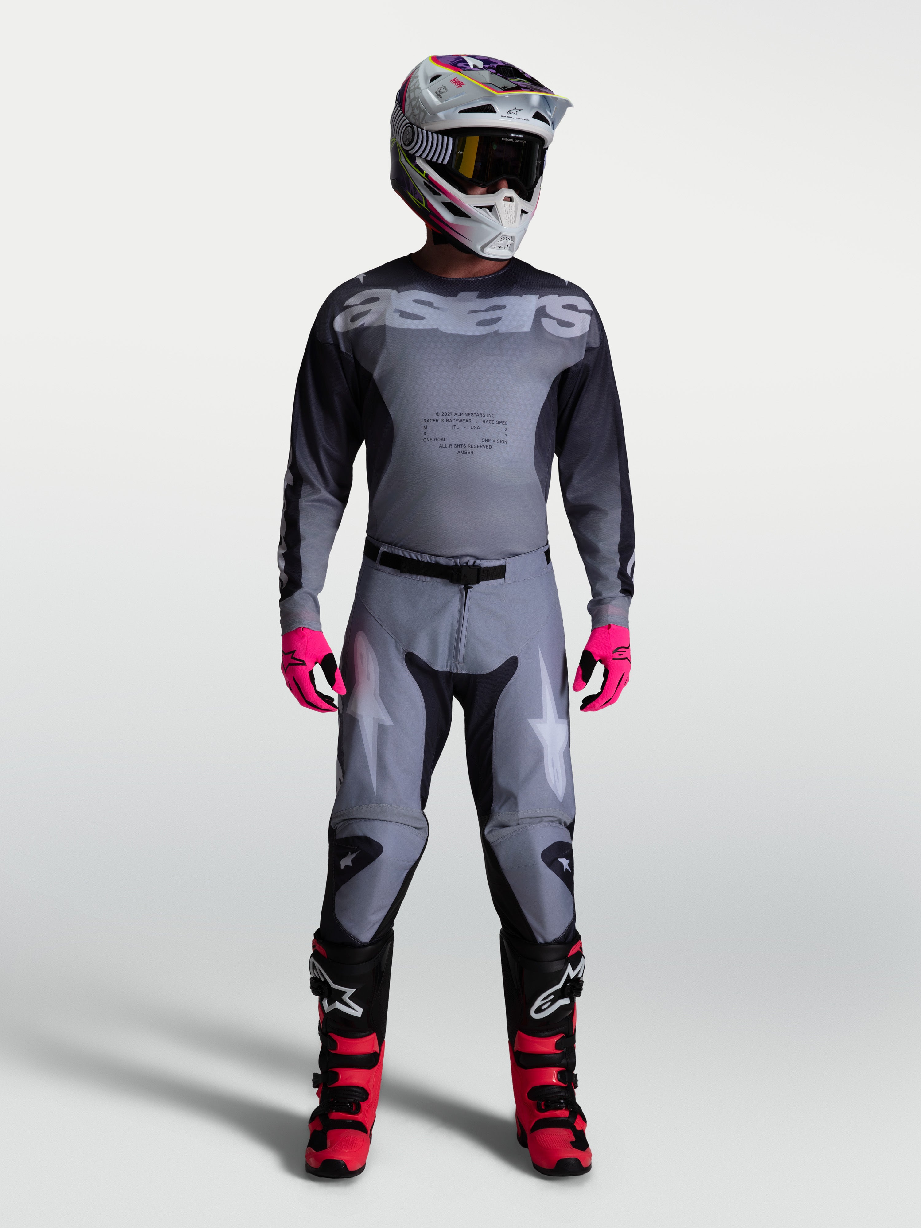 Alpinestars Racer Amber 2027, jersey y equipación de motocross para hombre, gris y negro con detalles en rosa, para off-road.