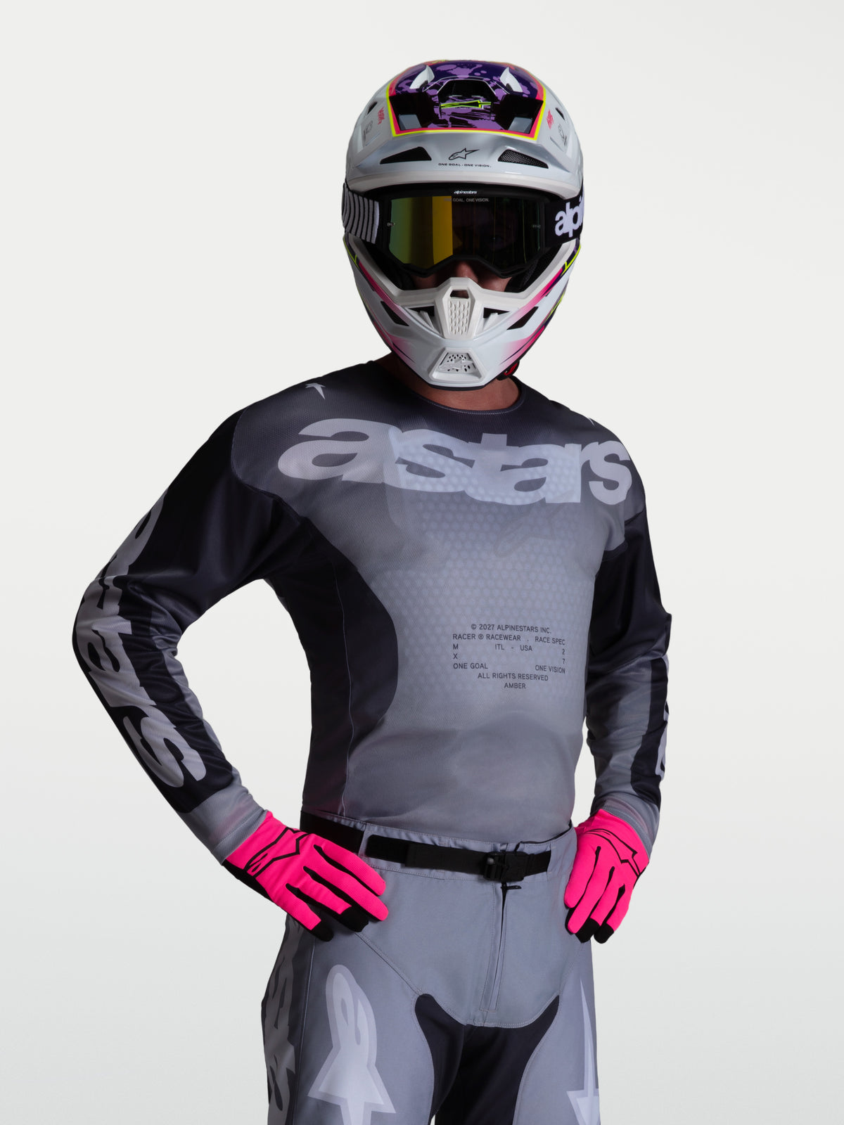 Alpinestars Jersey Racer Amber, jersey de motocross en gris y lila con paneles de malla transpirable para off-road