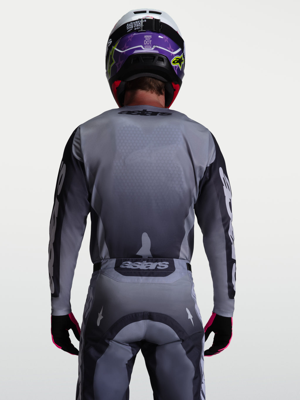 Jersey Alpinestars Racer Amber, para motocross y off-road, vista trasera, gris y lila claro, tejido técnico ligero