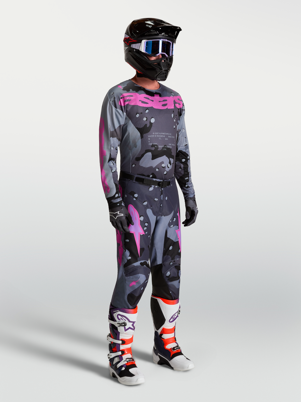 Alpinestars Racer Lone, pantalones y jersey de motocross para hombre, gris camuflaje y morado, conjunto de carreras off-road con diseño ergonómico y materiales técnicos