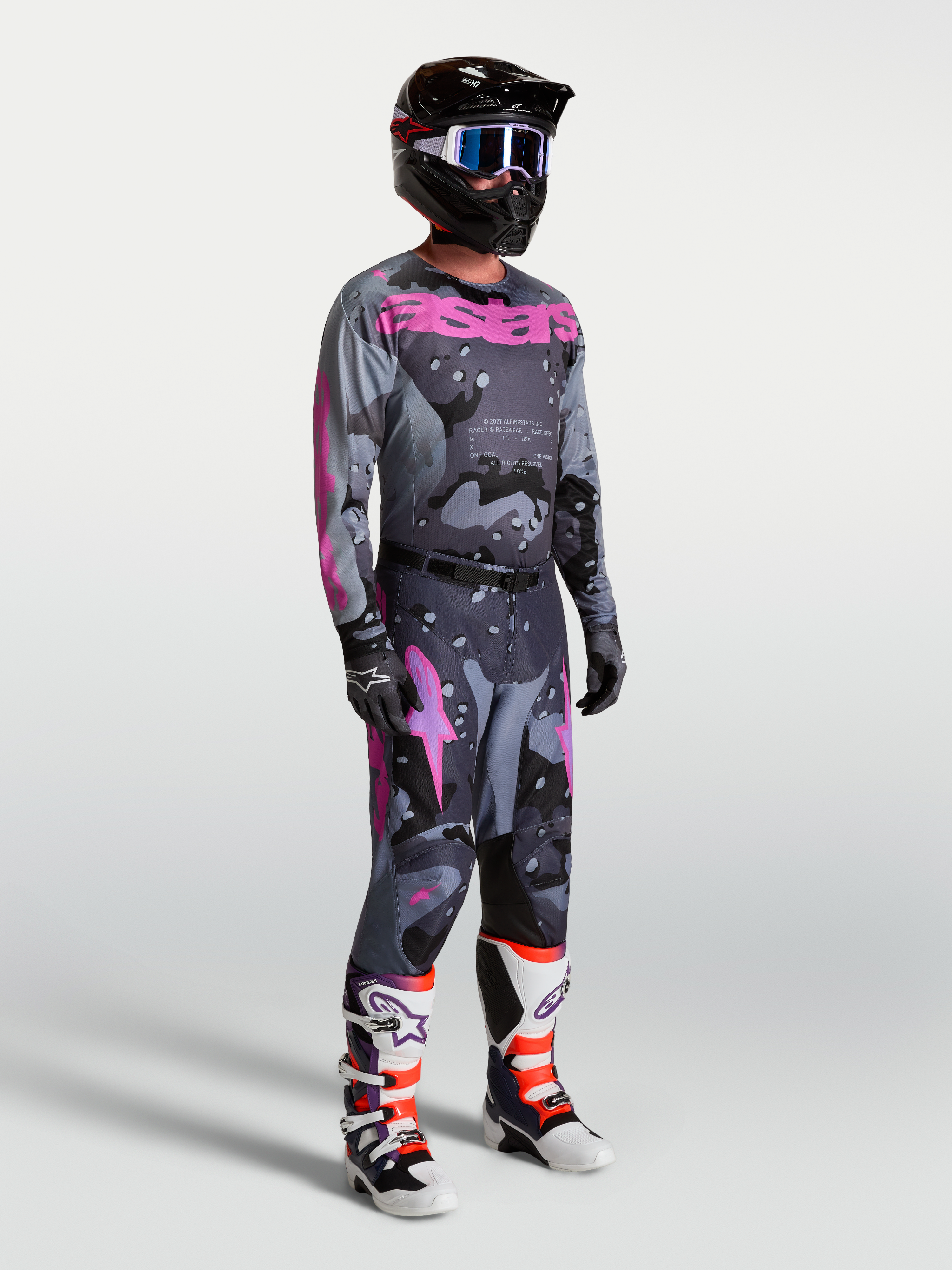 Alpinestars Racer Lone, pantalones y jersey de motocross para hombre, gris camuflaje y morado, conjunto de carreras off-road con diseño ergonómico y materiales técnicos