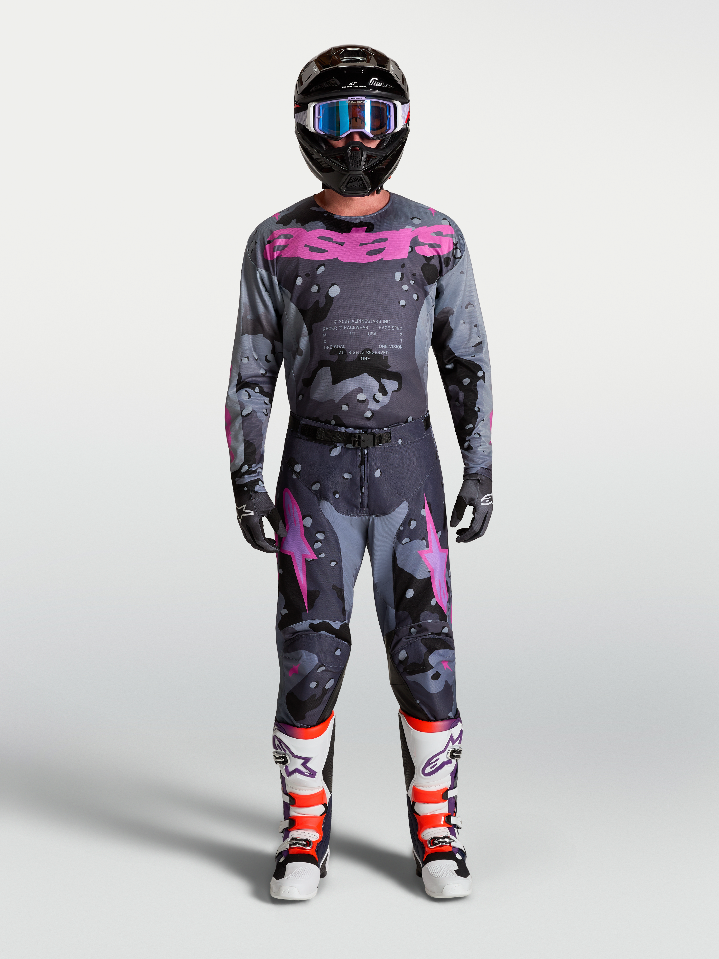 Alpinestars pantalones Racer Lone y Racer Lone Gear Set, conjunto de motocross gris y morado para hombre, con jersey y botas