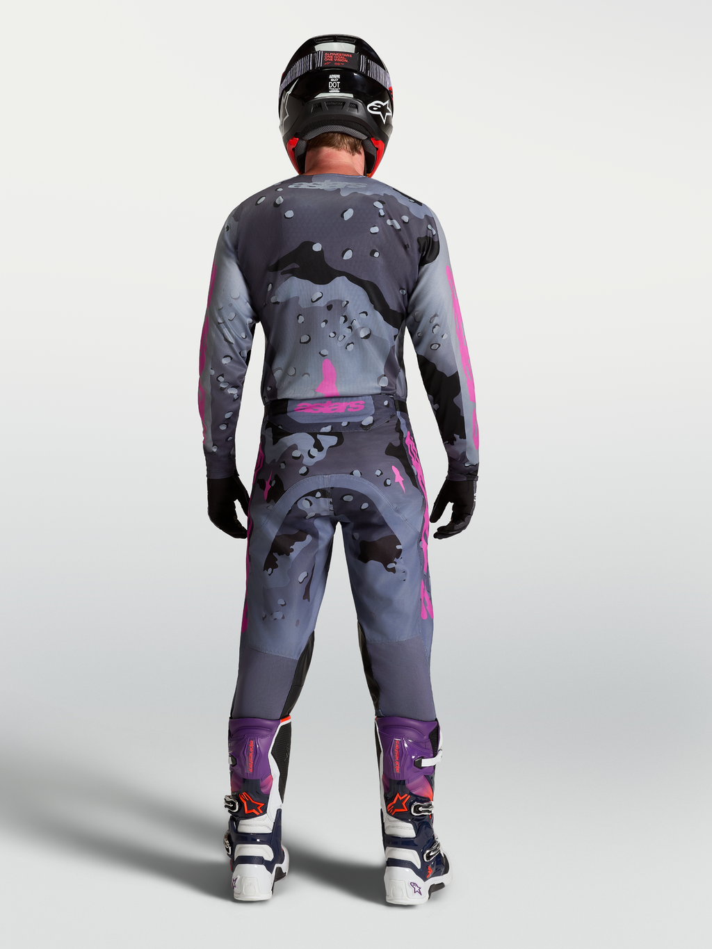 Pantalones Racer Lone de Alpinestars, equipo de motocross para hombre, gris camuflaje y morado, vista trasera