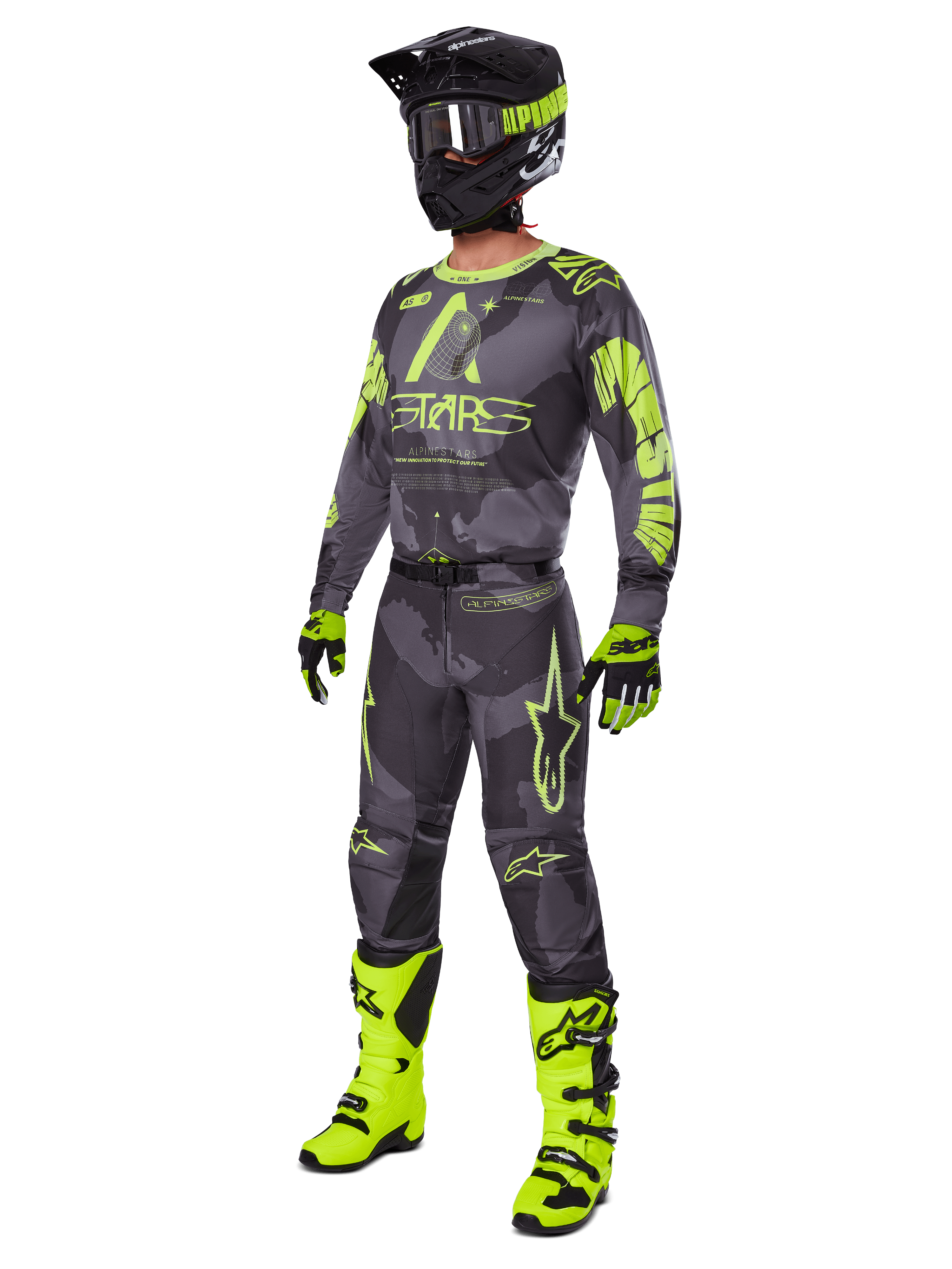 Alpinestars 2025 Racer Hollow Gear Set, conjunto completo de motocross, camuflaje gris y amarillo neón, incluye jersey, pantalones, casco negro y amarillo a juego, gafas, guantes y botas amarillo brillante, equipamiento de alto rendimiento para carreras off-road