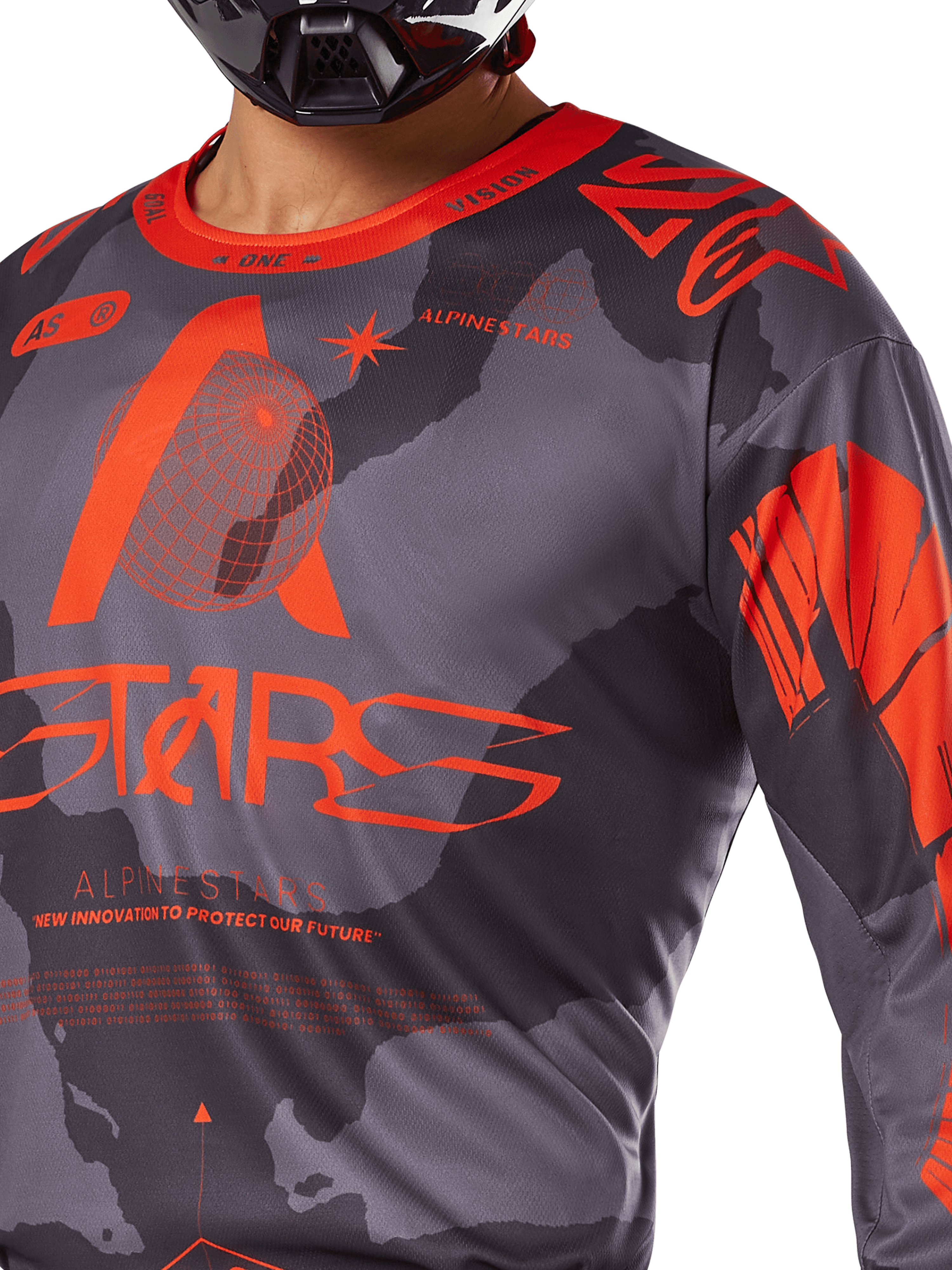 Alpinestars 2025 Racer Hollow Jersey, jersey de motocross, gris camuflaje y naranja flúor, con un gran logotipo naranja de Alpinestars y gráficos técnicos, cuello redondo, diseñado para un alto rendimiento en conducción off-road