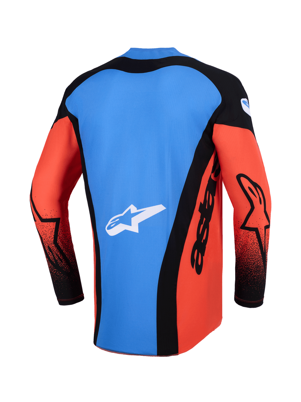 Alpinestars Techstar Knif Jersey 2026, jersey de motocross, vista trasera en naranja, negro y azul UCLA, con un panel trasero azul con el logotipo de la estrella en blanco, paneles laterales negros con la marca 'astars' y mangas naranjas con detalles en negro, equipamiento ligero de alto rendimiento para carreras off-road