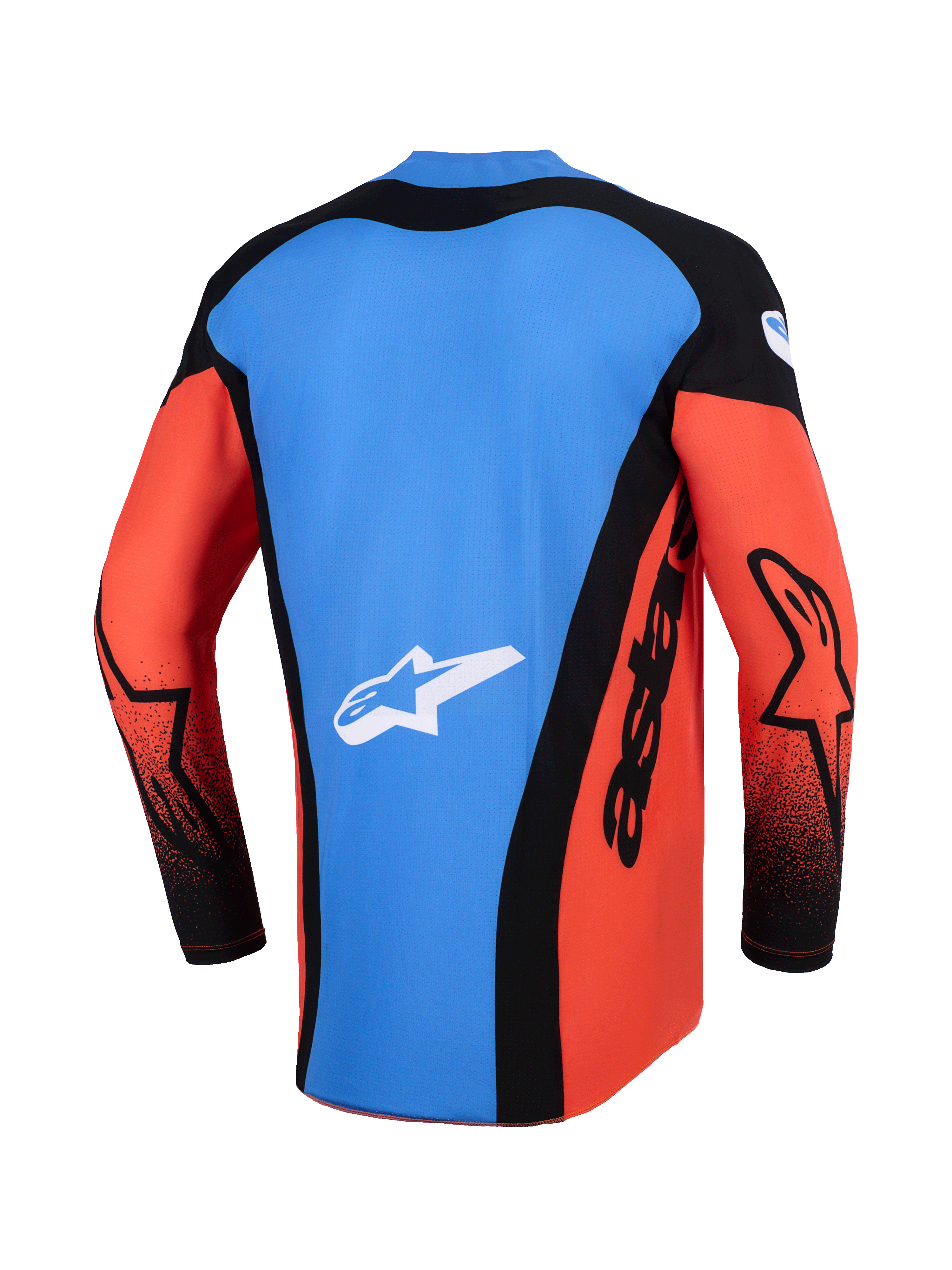 Alpinestars Techstar Knif Jersey 2026, jersey de motocross, vista trasera en naranja, negro y azul UCLA, con un panel trasero azul con el logotipo de la estrella en blanco, paneles laterales negros con la marca 'astars' y mangas naranjas con detalles en negro, equipamiento ligero de alto rendimiento para carreras off-road
