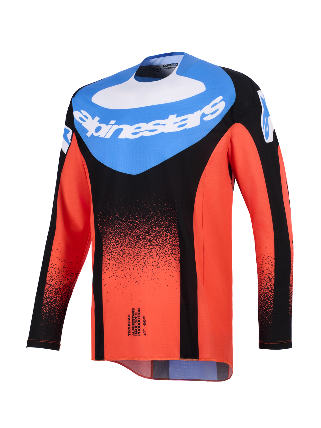 Alpinestars 2026 Techstar Knif Jersey, jersey de motocross, naranja, negro y azul UCLA, vista frontal con un panel azul en el pecho, logotipo blanco de Alpinestars y un degradado de puntos negros en las mangas y el cuerpo naranja, equipamiento de alto rendimiento para carreras todoterreno.