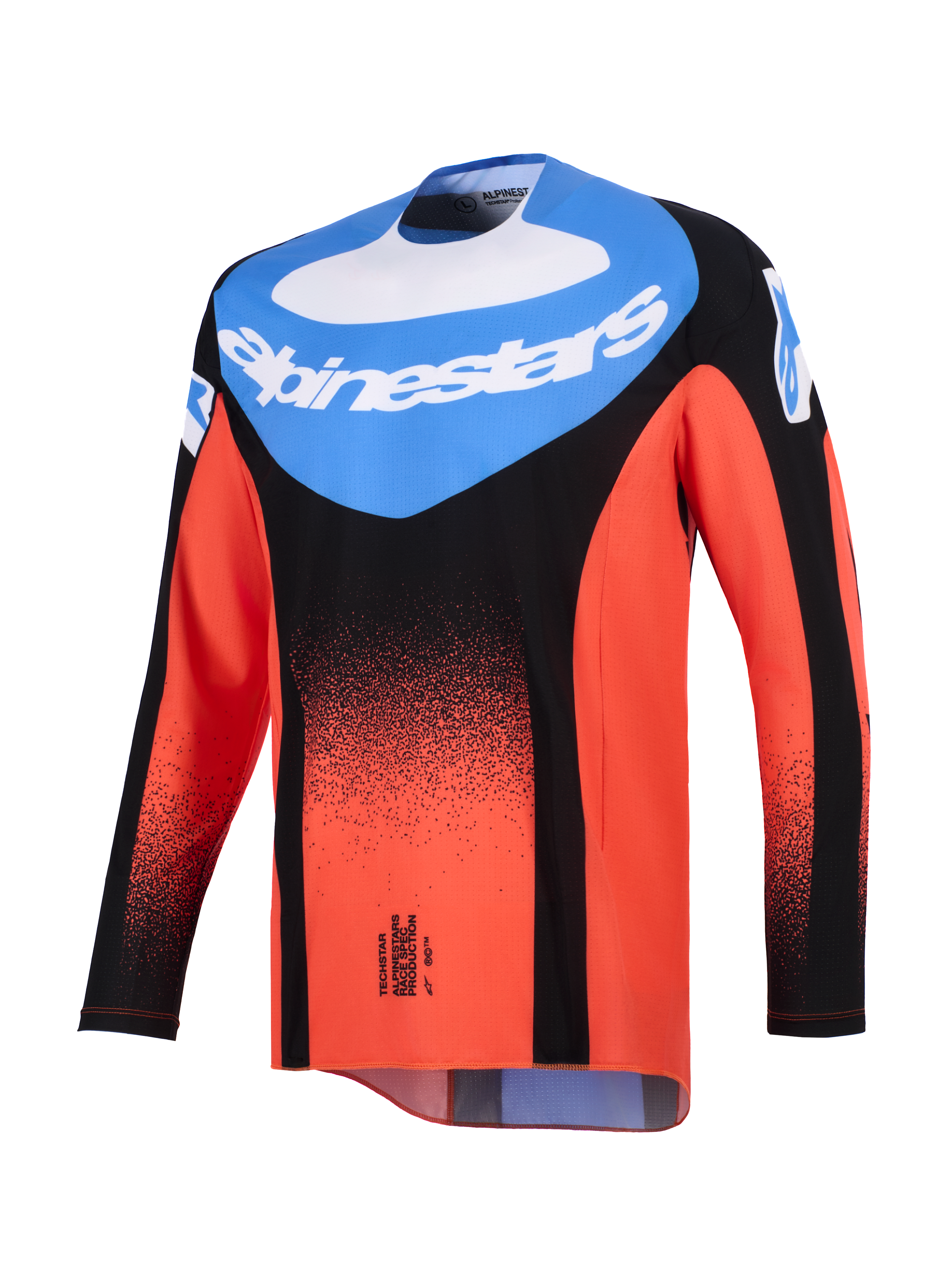 Alpinestars 2026 Techstar Knif Jersey, jersey de motocross, naranja, negro y azul UCLA, vista frontal con un panel azul en el pecho, logotipo blanco de Alpinestars y un degradado de puntos negros en las mangas y el cuerpo naranja, equipamiento de alto rendimiento para carreras todoterreno.