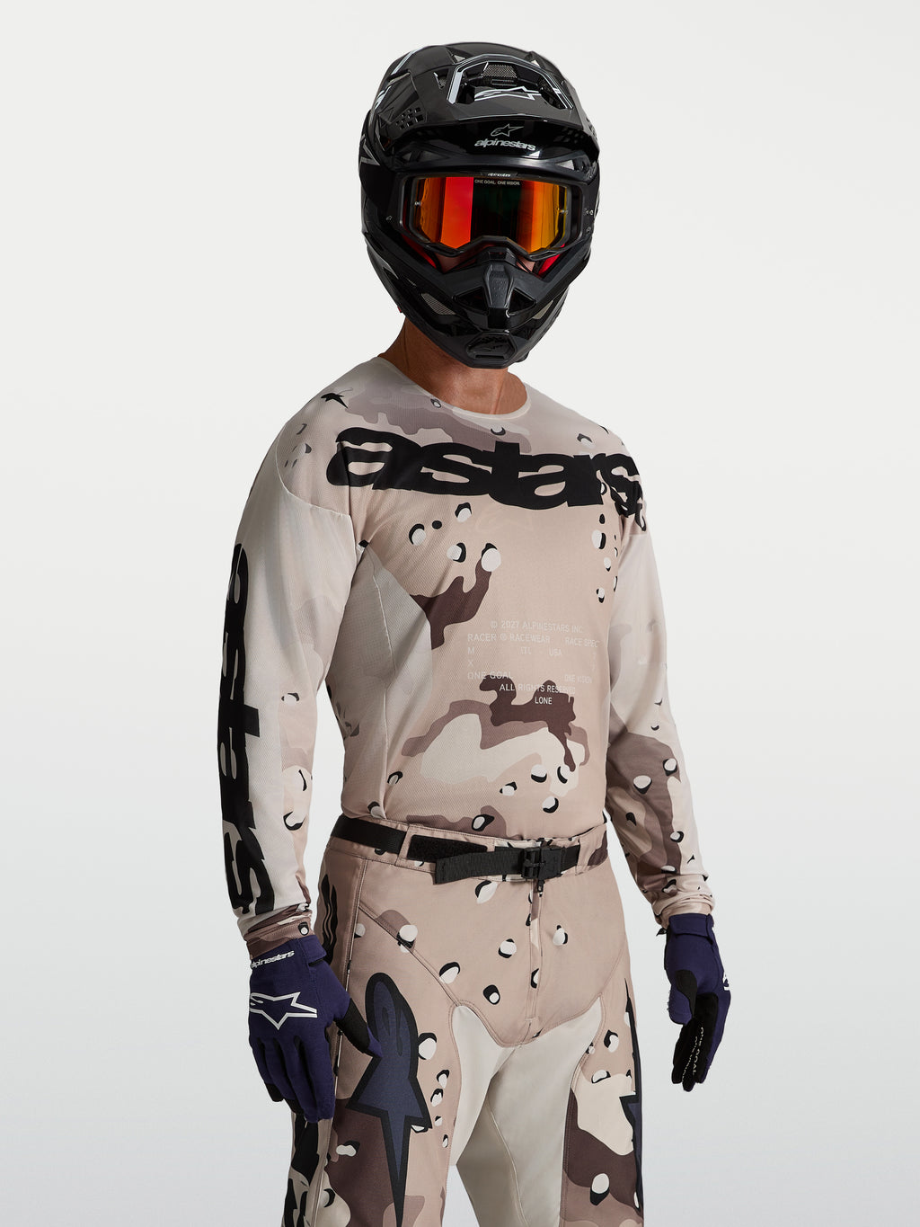 Alpinestars Jersey Racer Lone, jersey de motocross para hombre, camuflaje beis y negro, polifabricado transpirable y ligero.