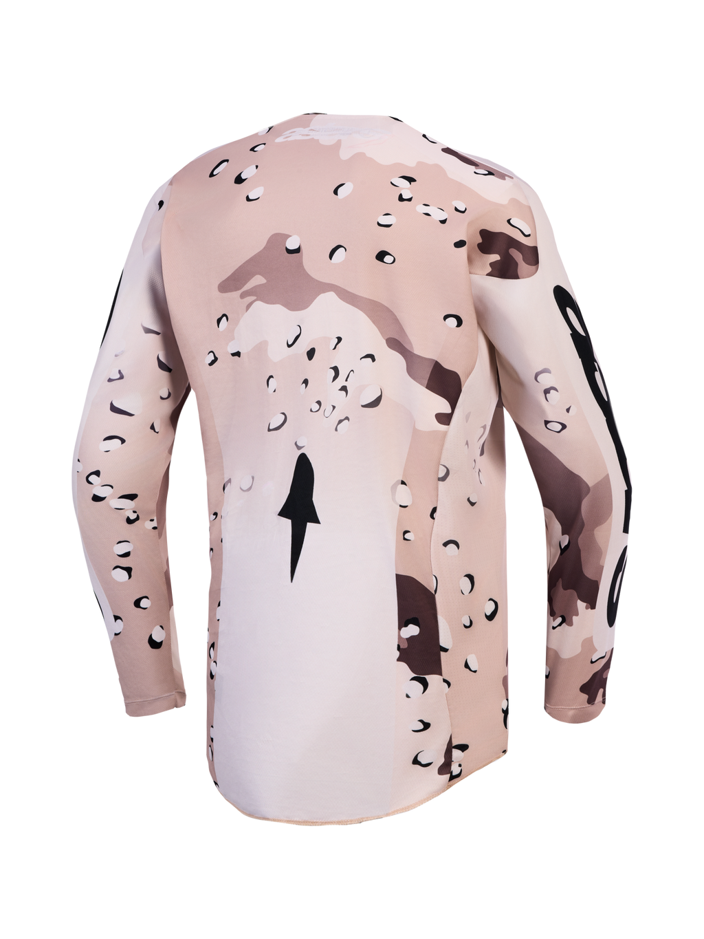 Alpinestars Racer Lone Jersey, vista trasera en camuflaje desierto, tejido transpirable y faldón alargado para motocross