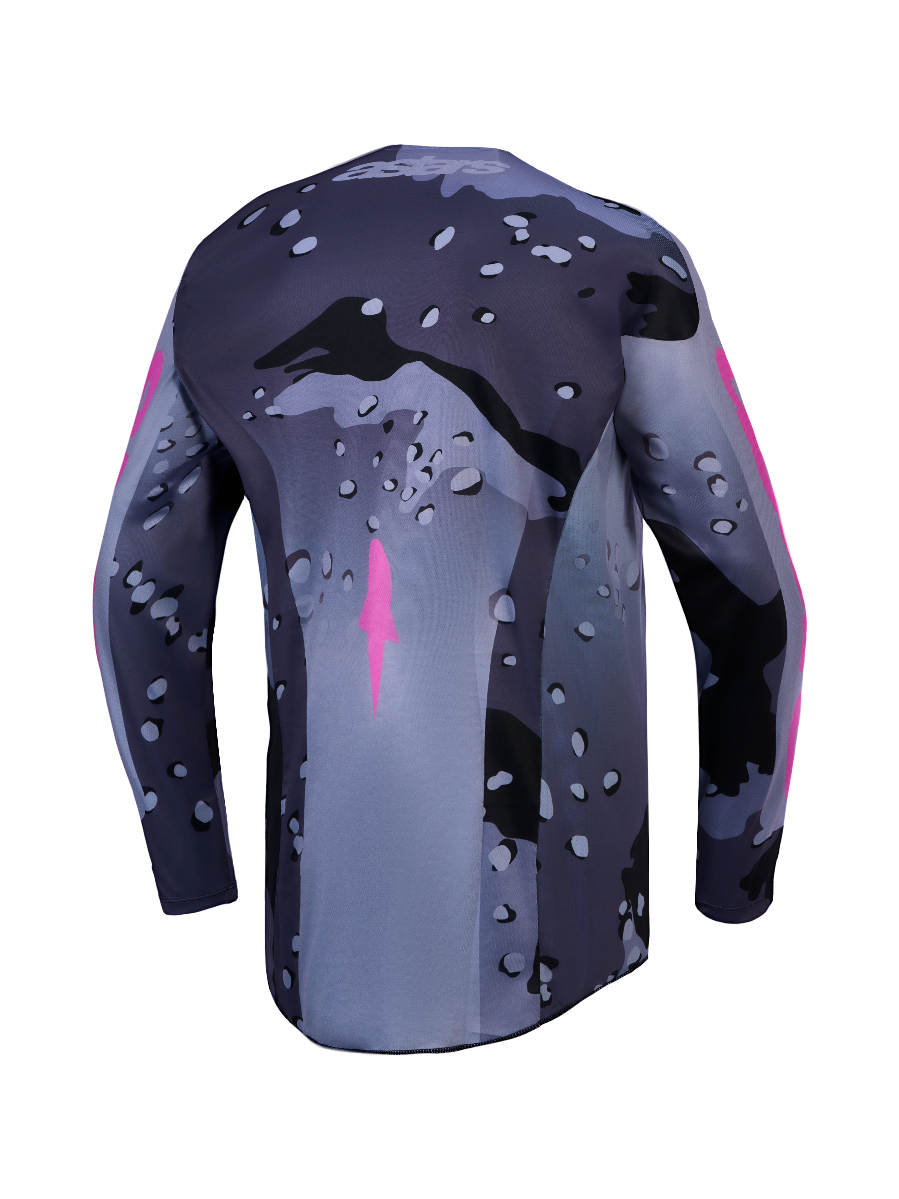 Alpinestars Racer Lone, jersey de motocross para hombre, camuflaje gris y morado, vista posterior, polifabricado transpirable