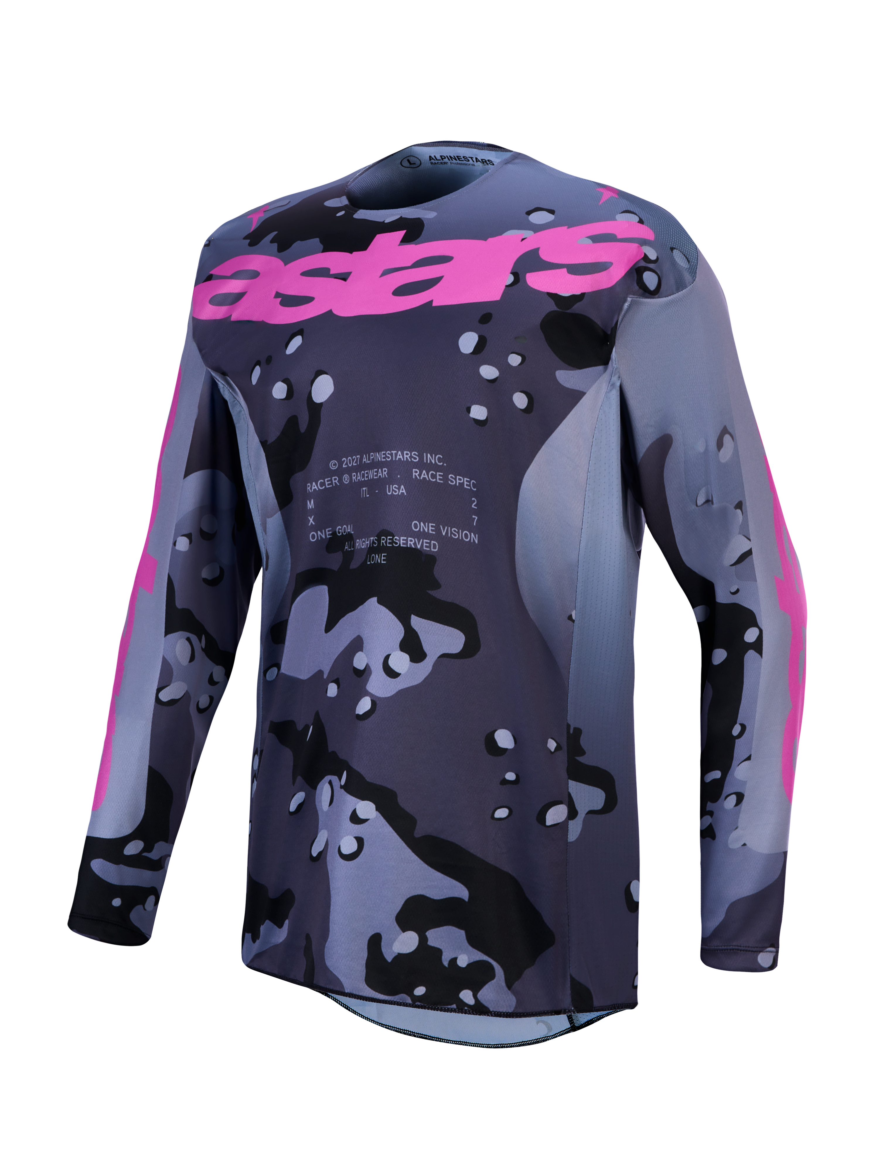 Alpinestars Jersey Racer Lone, jersey de motocross para hombre, gris camuflaje y morado, polifabricado que absorbe la humedad