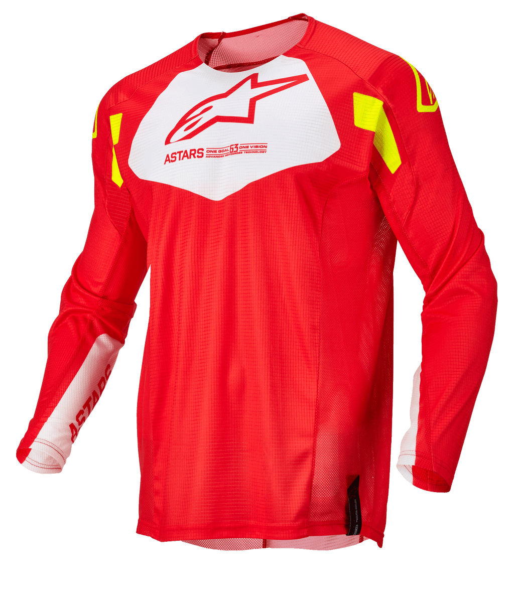 Alpinestars Techstar Factory Jersey, Motocross Jersey, Red Fluo with White chest panel and Yellow Fluo accents, lightweight breathable mesh fabric, long sleeve design for off-road racing