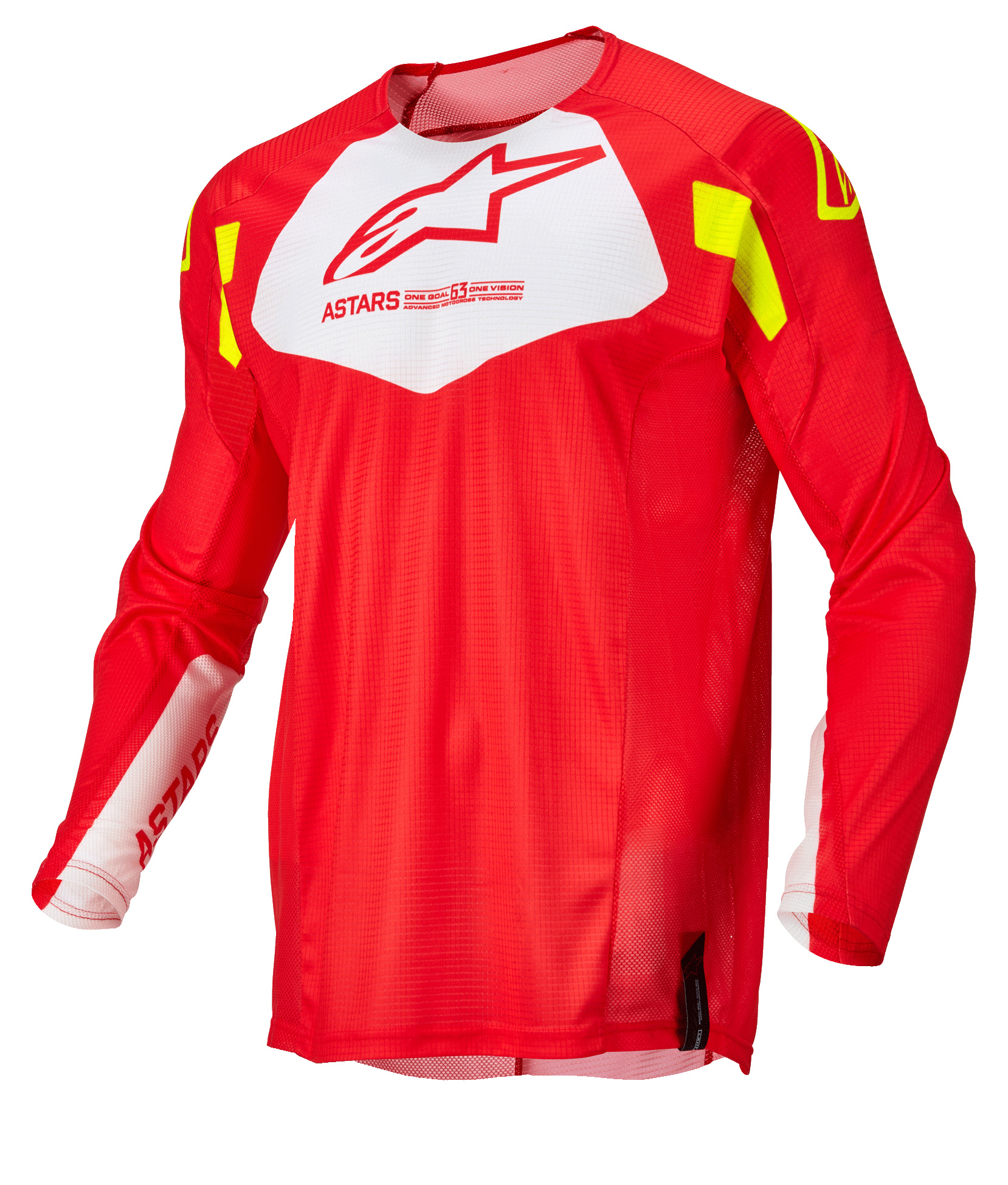 Alpinestars Techstar Factory Jersey, Motocross Jersey, Red Fluo with White chest panel and Yellow Fluo accents, lightweight breathable mesh fabric, long sleeve design for off-road racing